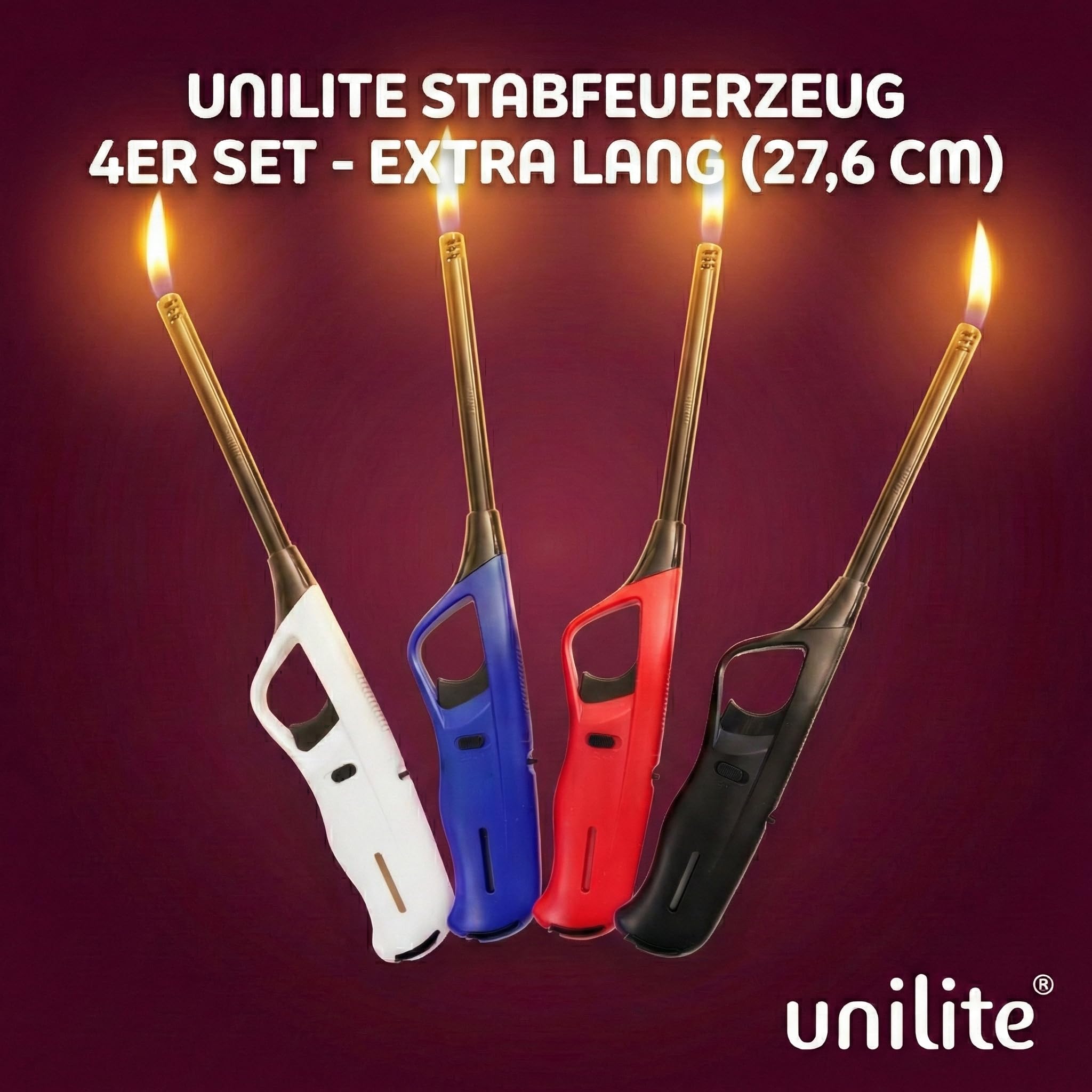 UNILITE 4 x Stabfeuerzeug mit Soft Flame – langes Feuerzeug mit Stab 27,6 cm lang – Elektronik Feuerzeuge – 4 Stück im Set schwarz weiß blau rot – Elekt-rofeuerzeuge mit Gas befüllt & nachfüllbar
