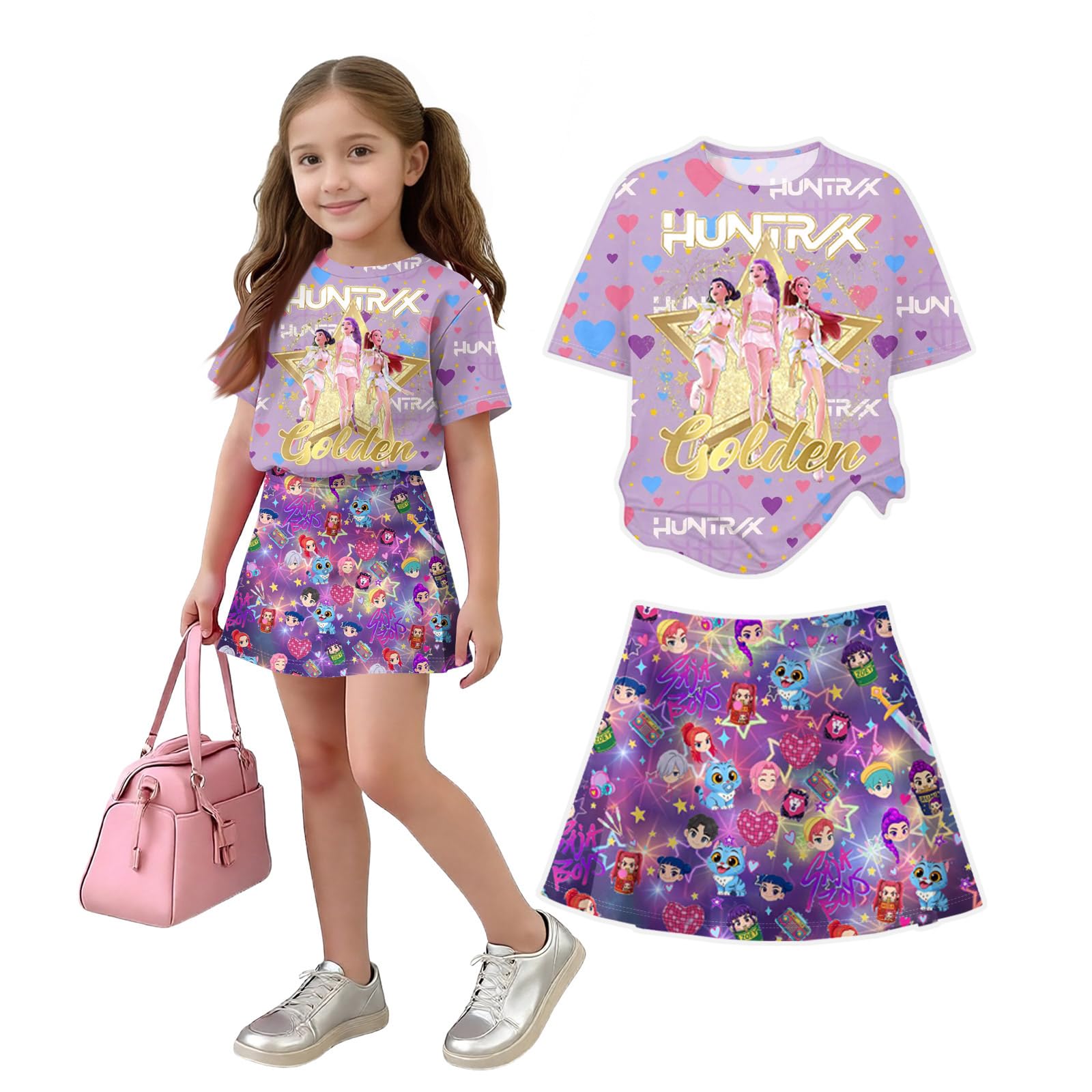 K Pop Short Sleeve T-Shirt and Skirts Outfits Set for Girls Hunters Girl's Anime Graphic Tees De-Mon Summer Sets — view 21