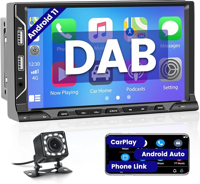 Hikity CarPlay Android 11 Car Stereo Double Din Built-in DAB/DAB+ 7" Touch Screen Car Radio Bluetooth with Android Auto Sat Nav WiFi Mirror Link 6 USB Port FM RDS Radio SWC+Reverse Camera
