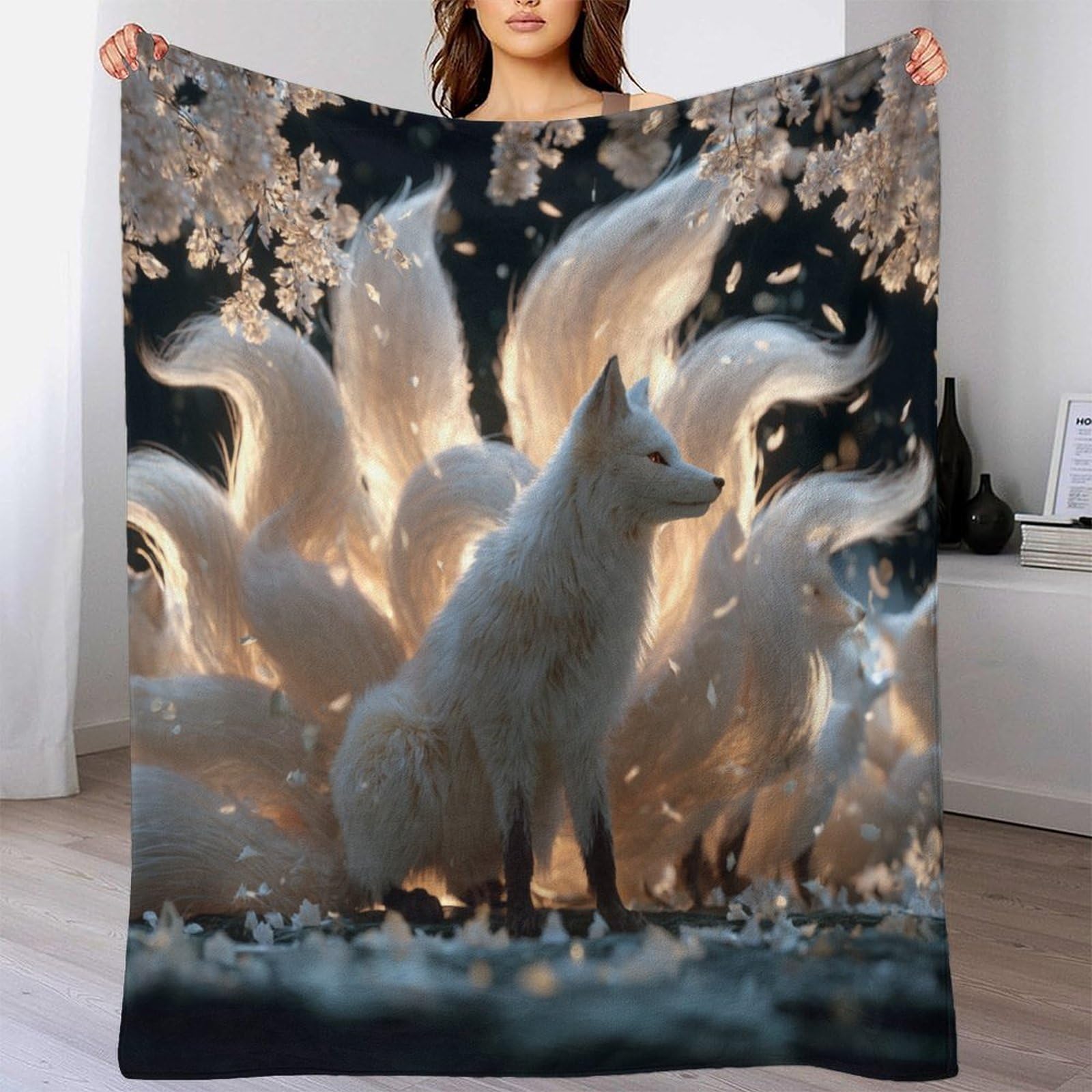 Fox with Nine Gorgeous Tails Manta Estampada 3D Colcha De Diseño Ropa De Cama De Microfibra Suave Y Cálida Sofá Ropa De Cama 80x90inch(200x230cm)