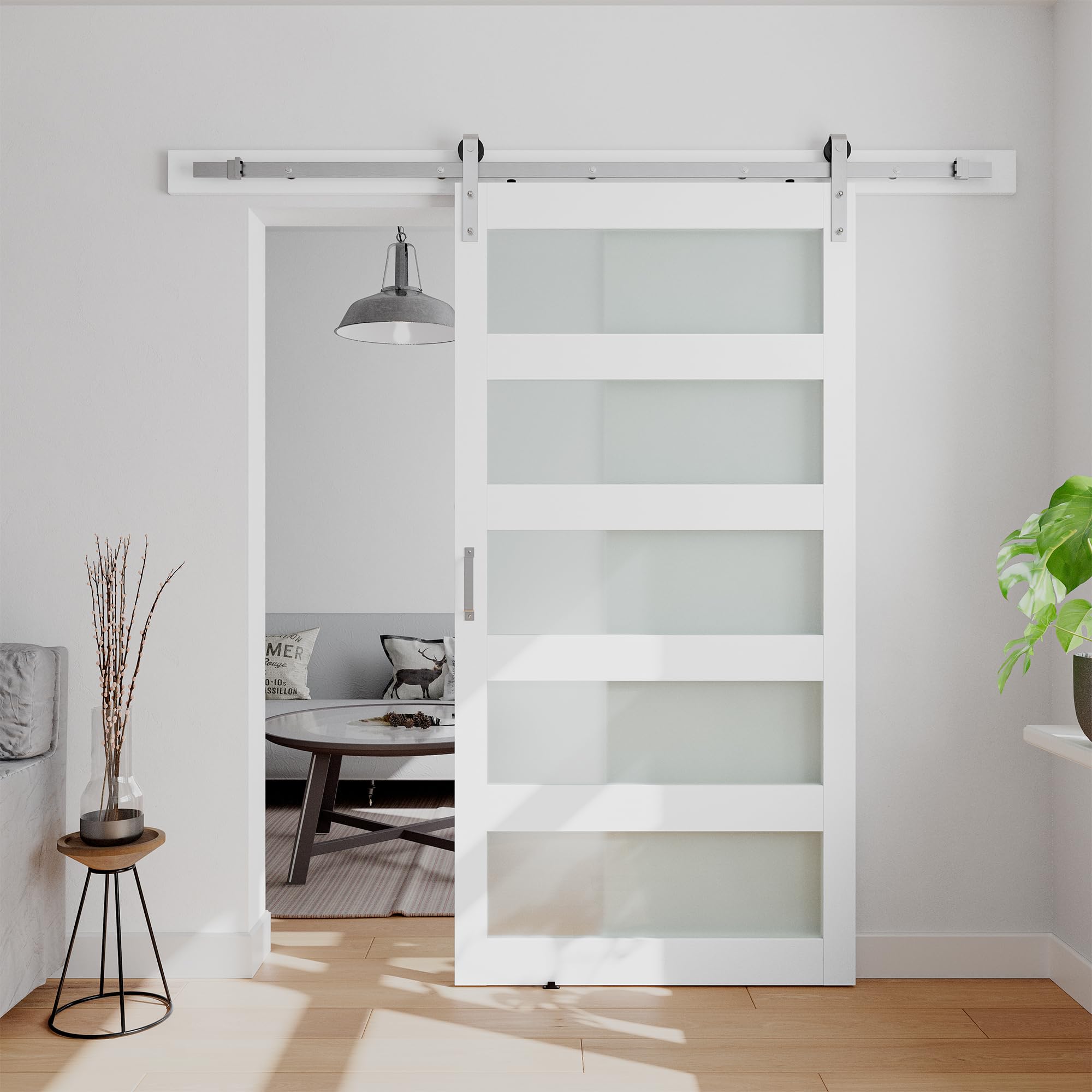 40in x 84in White Sliding Glass Barn Door with 5-Panel Frosted Glass