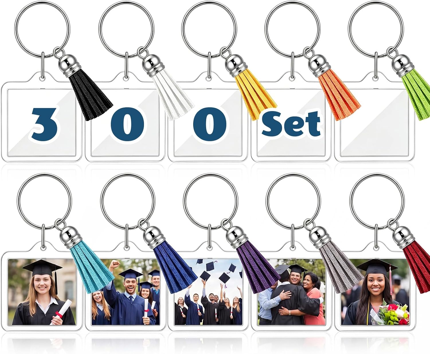 Chuangdi 300 Pcs Acrylic Photo Frame Keychain with Tassels Snap-in Custom Insert Photo Keyring Clear Blank Picture Keyring