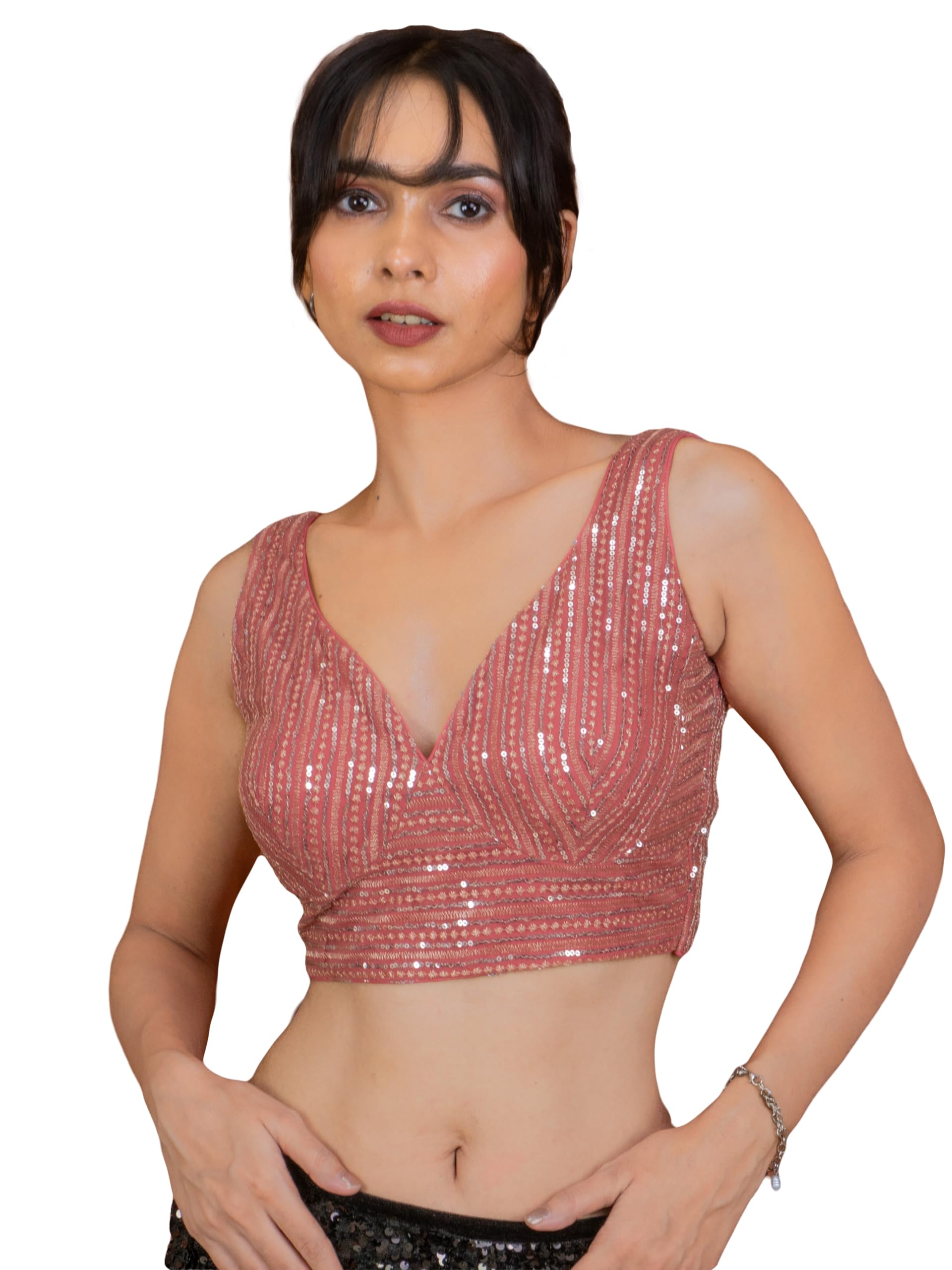 FIGURE'S DESIGNER Women's Sequin Embroidered SabyaSachi Cut Sweetheart V Neck Sleeveless Readymade Saree Blouse E30
