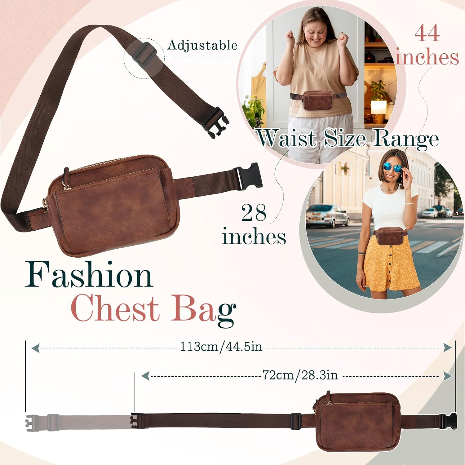 Waist Bag for Women, VX VONXURY Vegan Leather Fanny Pack Lightweight Crossbody Belt Bag with Adjustable Strap for Outdoor Running Hiking,Brown