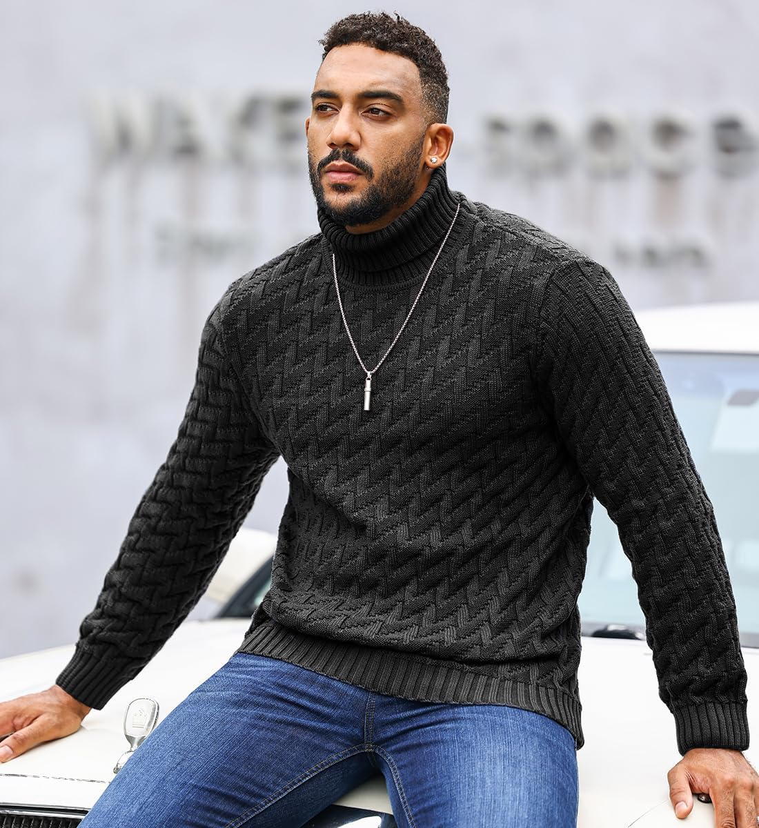 SAVKOOV Men's Slim Fit Turtleneck Sweater Cable Knitted Pullover Sweaters