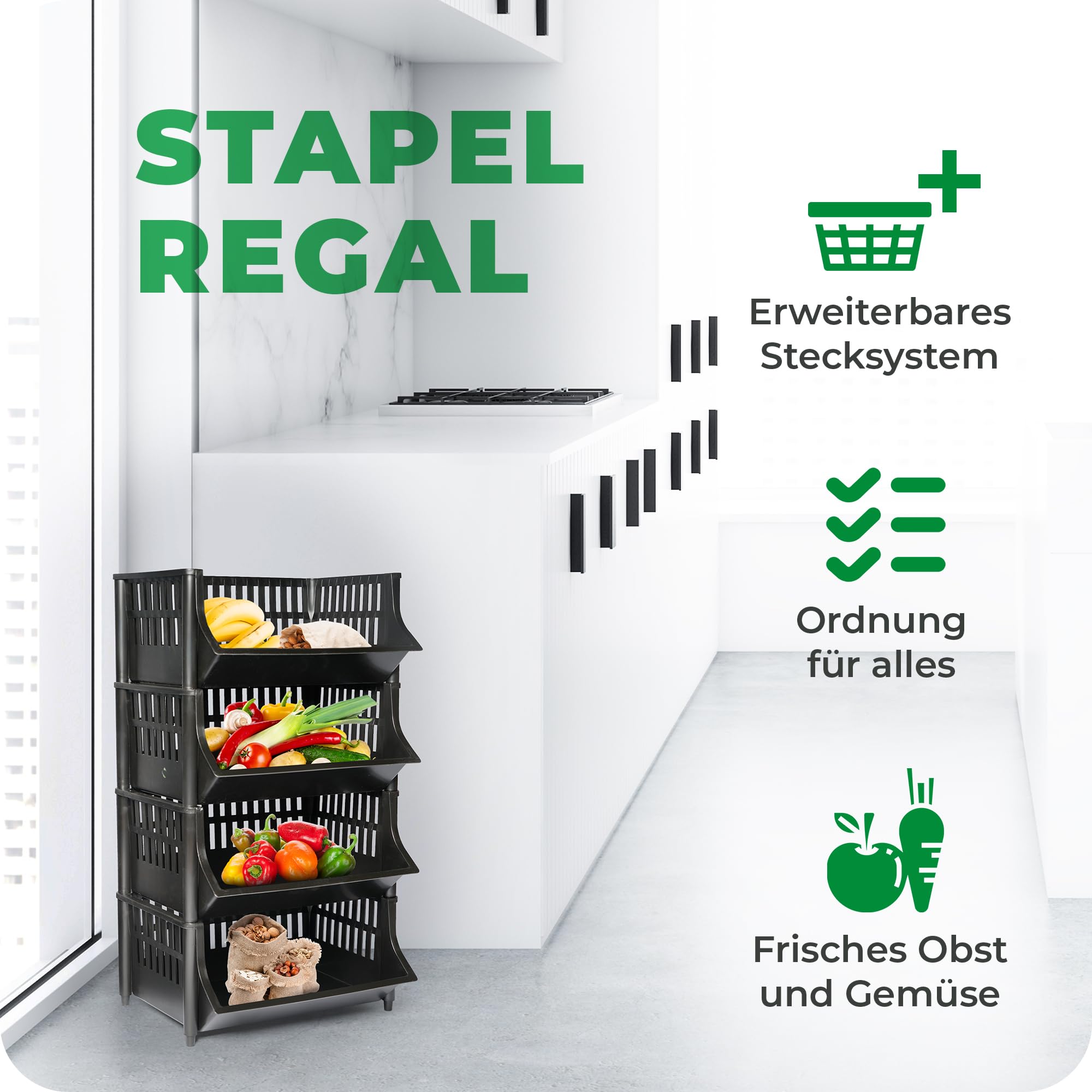 Novaliv 8 Stück Korbregal Schwarz Steckregal Stapelbar & Erweiterbar, Regale für Vorratsraum, Lebensmittelregal, Obstregal Keller Aufbewahrungssystem, Apfelregal, Stapelkorb, Stapelregal Kunststoff