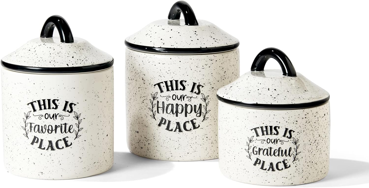 Incomplete American Atelier Canister Set 3-Piece Ceramic Jars in Small, Medium, Large with Airtight Lids for Cookies, Candy, Coffee, Flour, Sugar, Rice, Pasta, Cereal & More (Happy Place) 6x8\" Happy Place