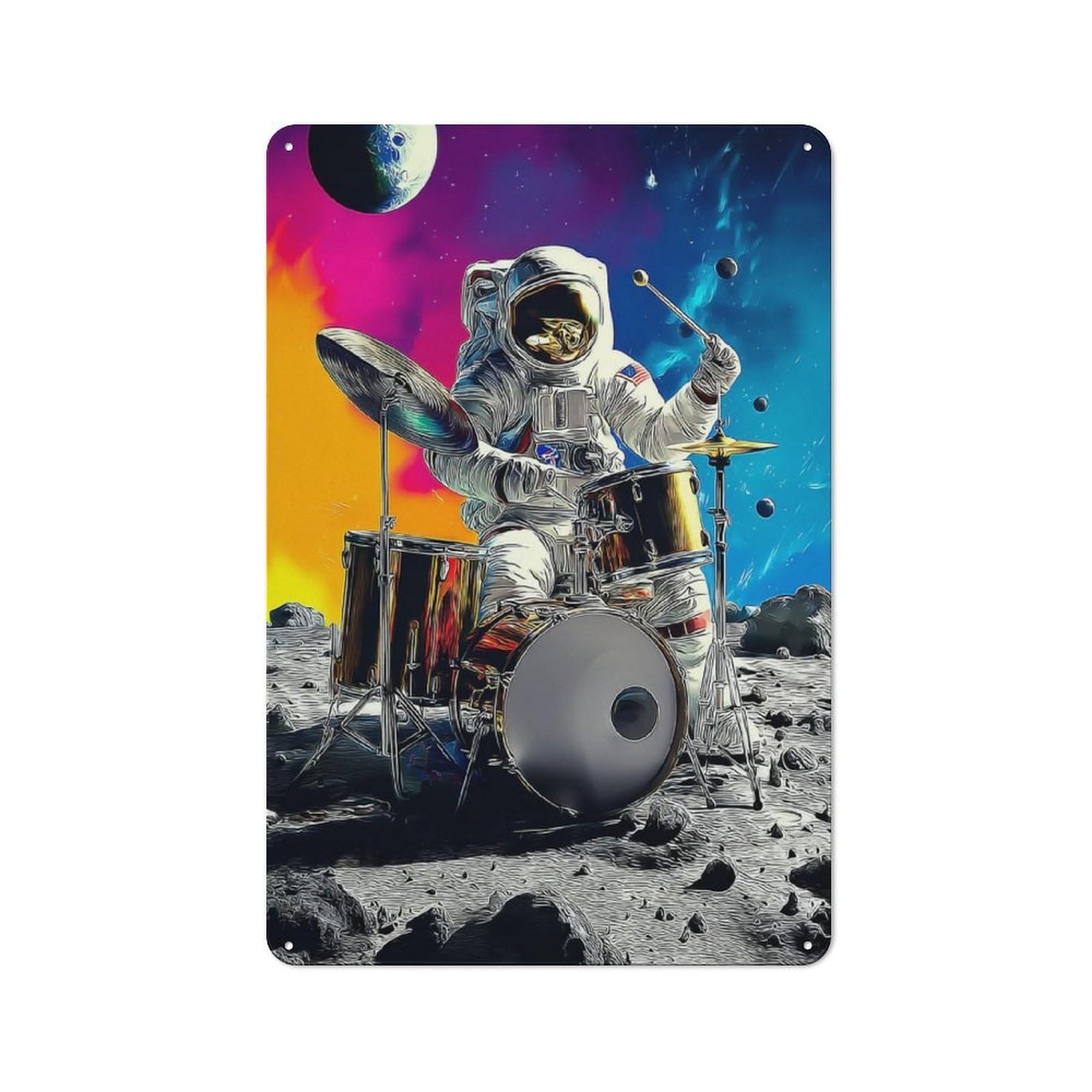 Junmoney Astronaut Drummer On The Moon -4 Retro Metal Gift Sign 30X20cm, Small Space Decor For Bedroom, Kitchen, Office Or Living Room