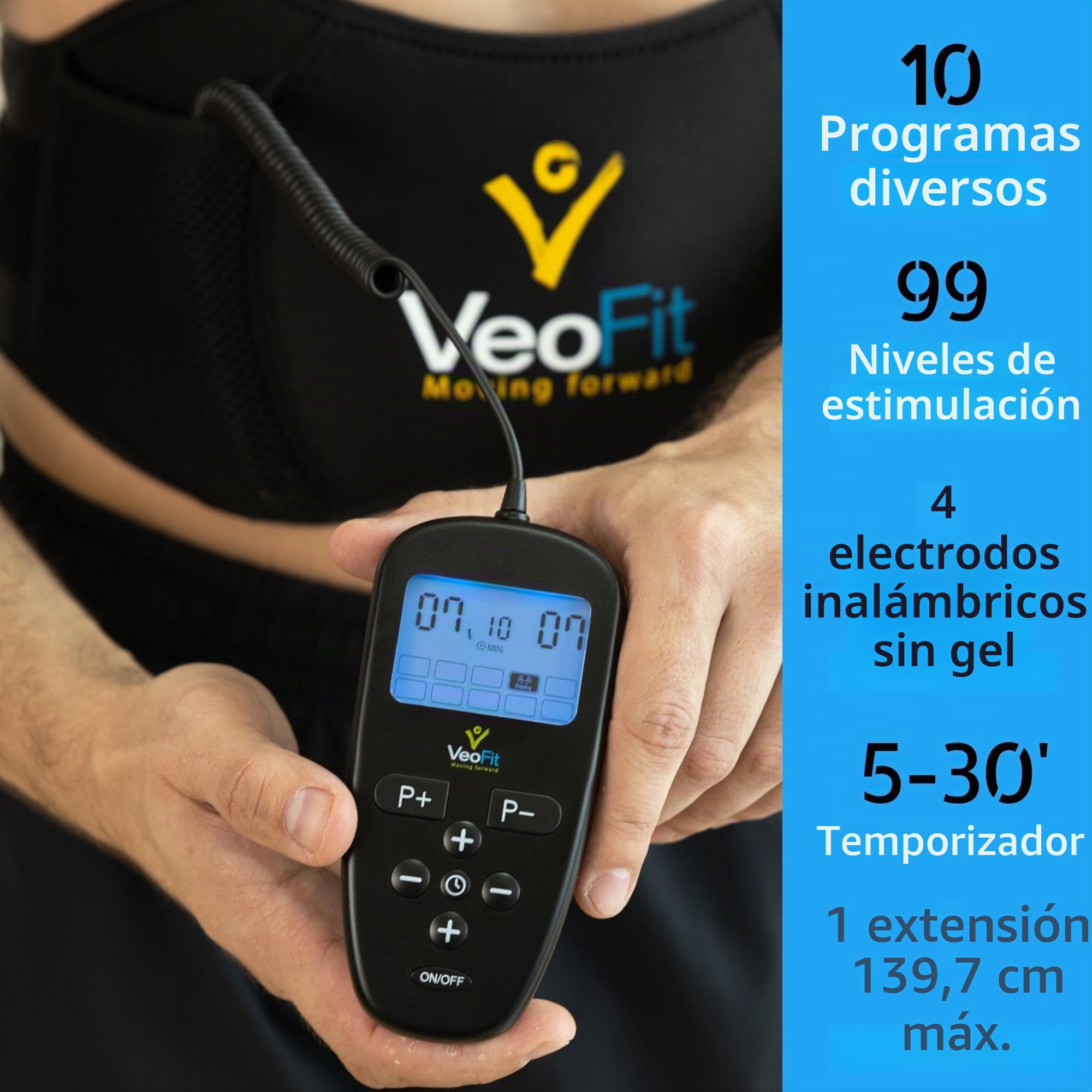 VEOFIT - Cinturón abdominal electroestimulador muscular abdominal para hombre y mujer, 10 programas de 99 intensidades, inalámbricos, sin geles, talla máxima: 140 cm