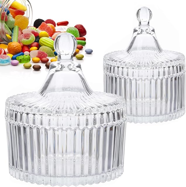 JLNGTHONG 2 PCs Glass Candy Jars with Lids,Sweet Jars Crystal Covered Candy Jar Cookie Nuts Jar with Lids Glass Candy Sweet Jar Transparent Crystal Jar for Party Wedding Christmas (100 + 300 ml)