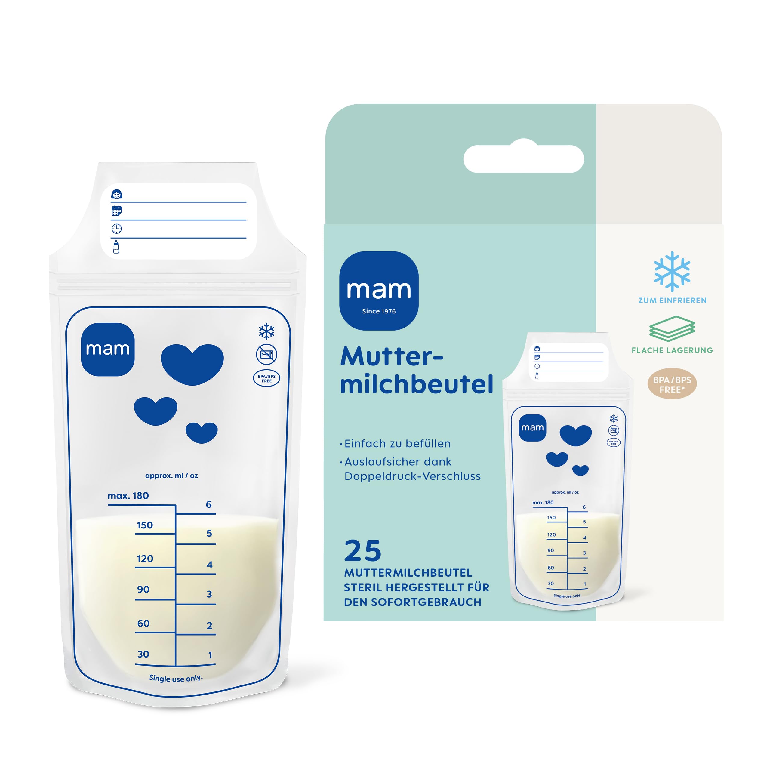MAM Muttermilchbeutel | Stillbeutel aus BPA- & BPS-freiem Material | Auslaufsichere Milchbeutel mit Doppeldruckverschluss | Praktischer Standboden | Flach & platzsparend | 180 ml | 25 Stück
