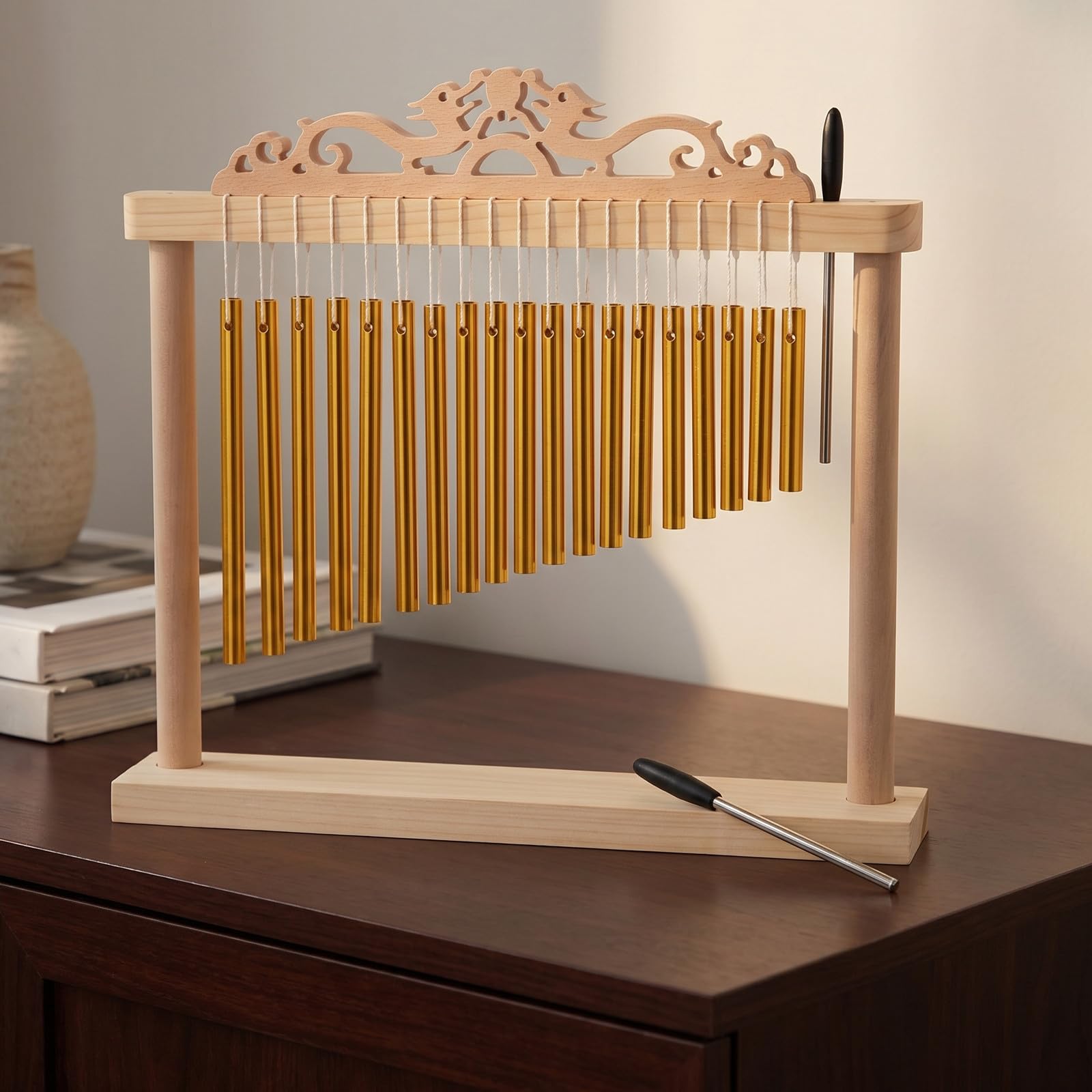 Campanas de Viento para Percusión de 20 Notas en Línea, Estructura Estable con Base Antideslizante, Madera y Metal Dorado, Incluye Mazo para Presentaciones y Escenario