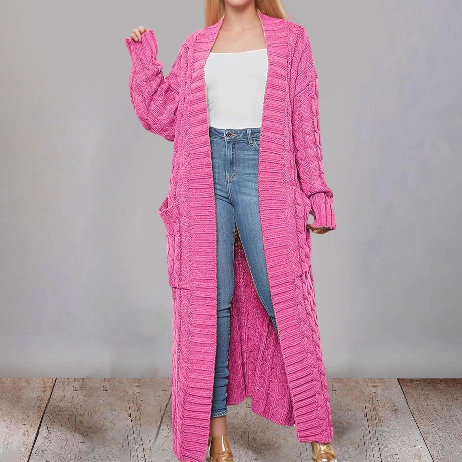 Cardigan Long Ouvert Femme Maille Torsadée Épaisse Grand Col Revers Poches Latérales Manches Longues Veste Tricot Confortable Tenues Automne Hiver Quotidiennes