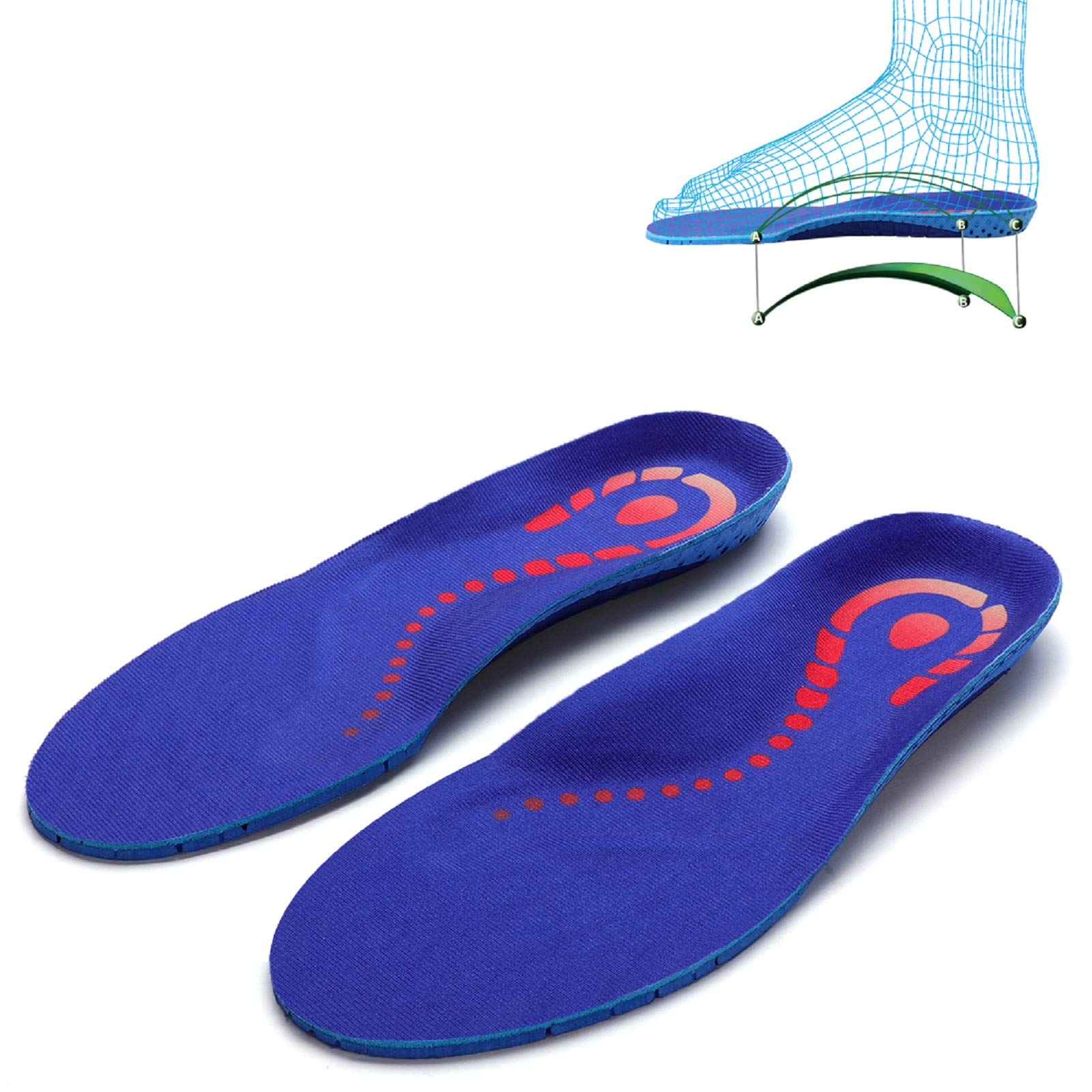 Low Arch Elastic Comfort Insole Sports Foam Compression Shock Absorption Shock Absorption Anti-Fatigue Insole Suitable for Flat Heel Pain(Size:UK-11,Length:11.61",Blue)