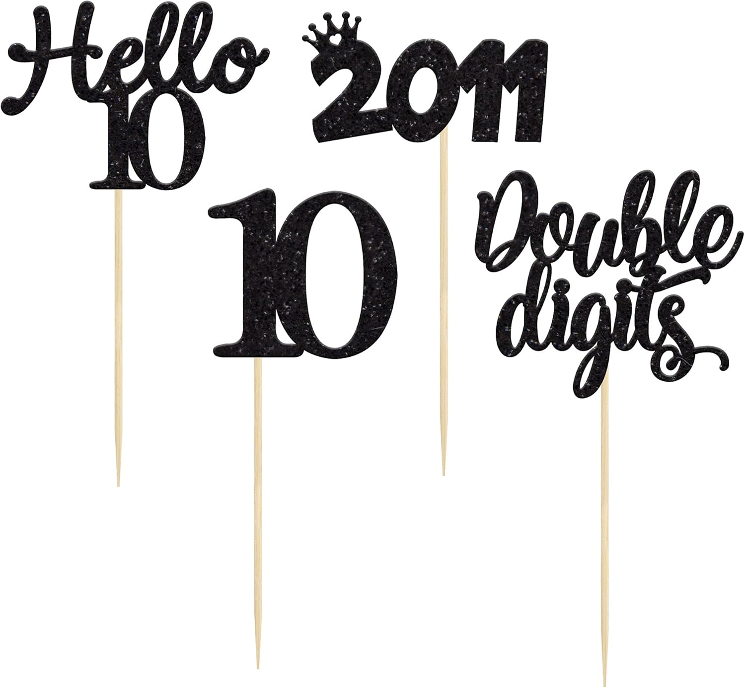 Gyufise 24 Pack Black Glitter Happy 10th Birthday Cupcake Toppers 10 Ten Hello 10 Double Dights Since 2016 Cupcake Picks for 10th Birthday Party Decorations - Image 4