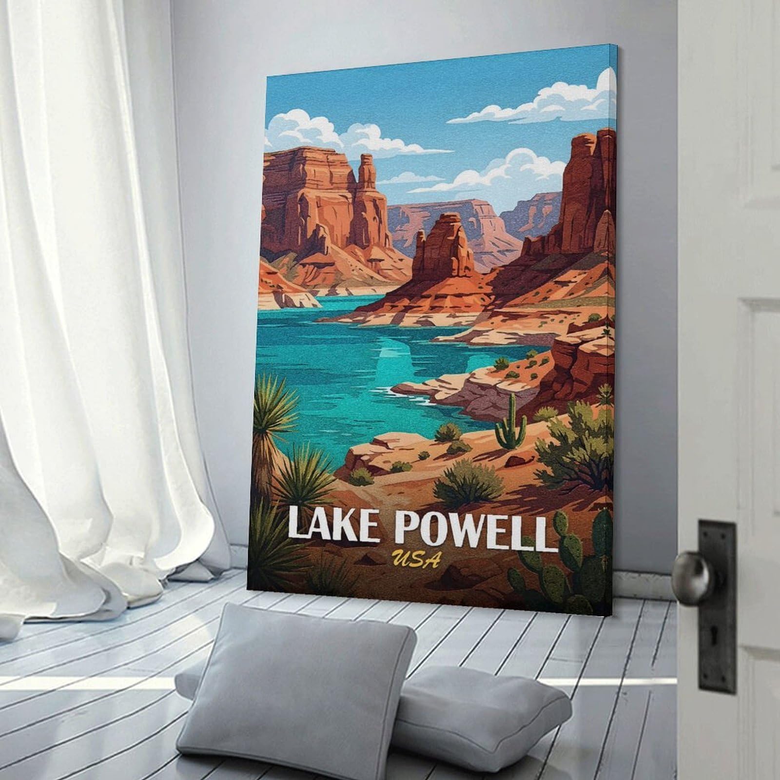 Junmoney Lake Powell USA Landscape Illustration Canvas Art Print 24x36inch(60x90cm), for Front Hall, Corridor Or Welcome Spaces, Home Artwork for First Impressions