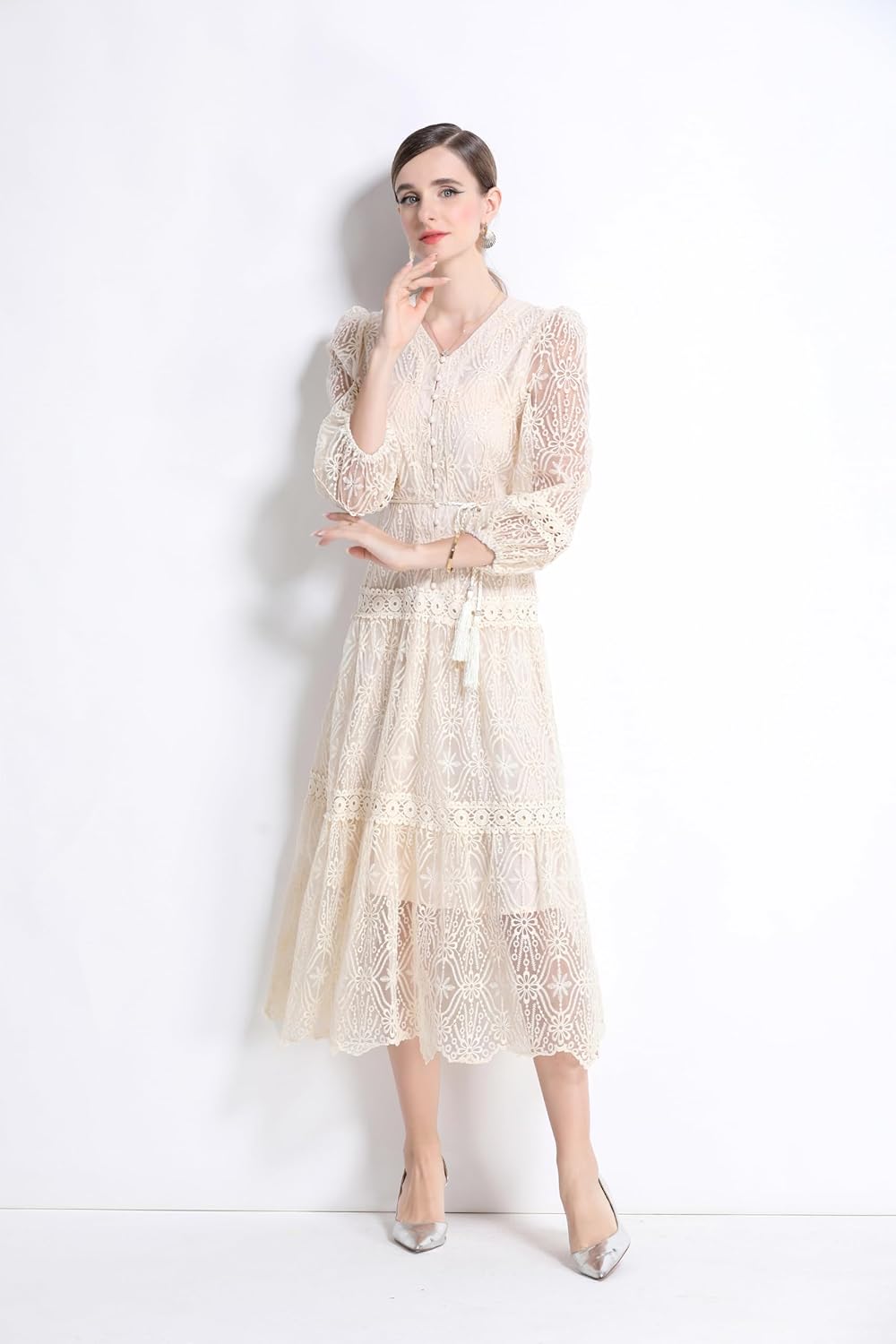 LAI MENG FIVE CATS Women's Elegant V-Neck Embroidery Puff Sleeves Button Lace Midi Dress - Image 2