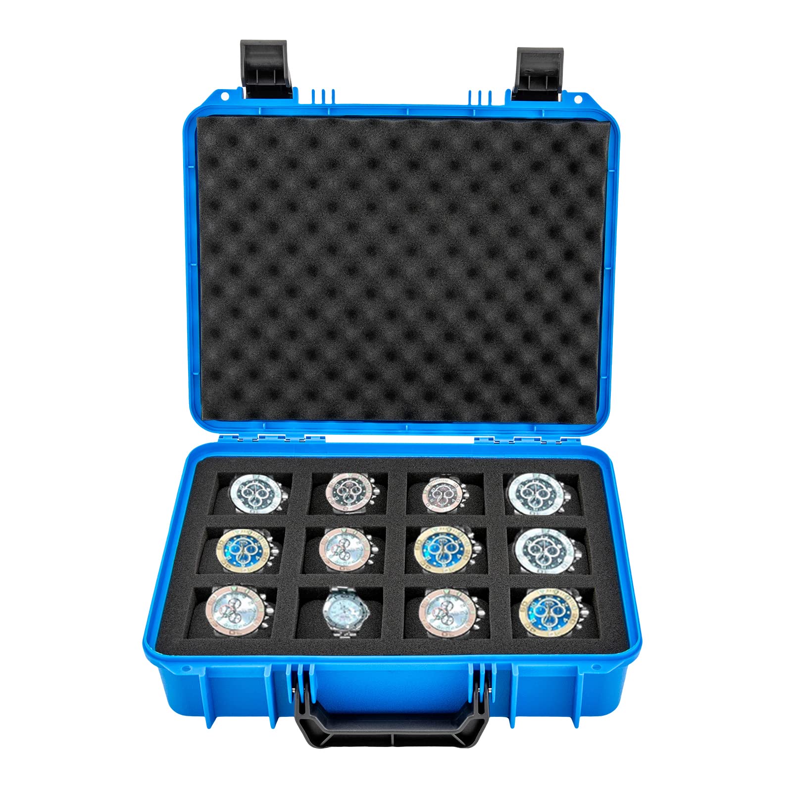 HVMBEUGOS 12 Slots Watch Travel Case, PP+Sponge Ultimate Protection Waterproof Shockproof Travel Watch Case Box Fits All Wristwatches & Smart Watches up to 50mm (Blue)
