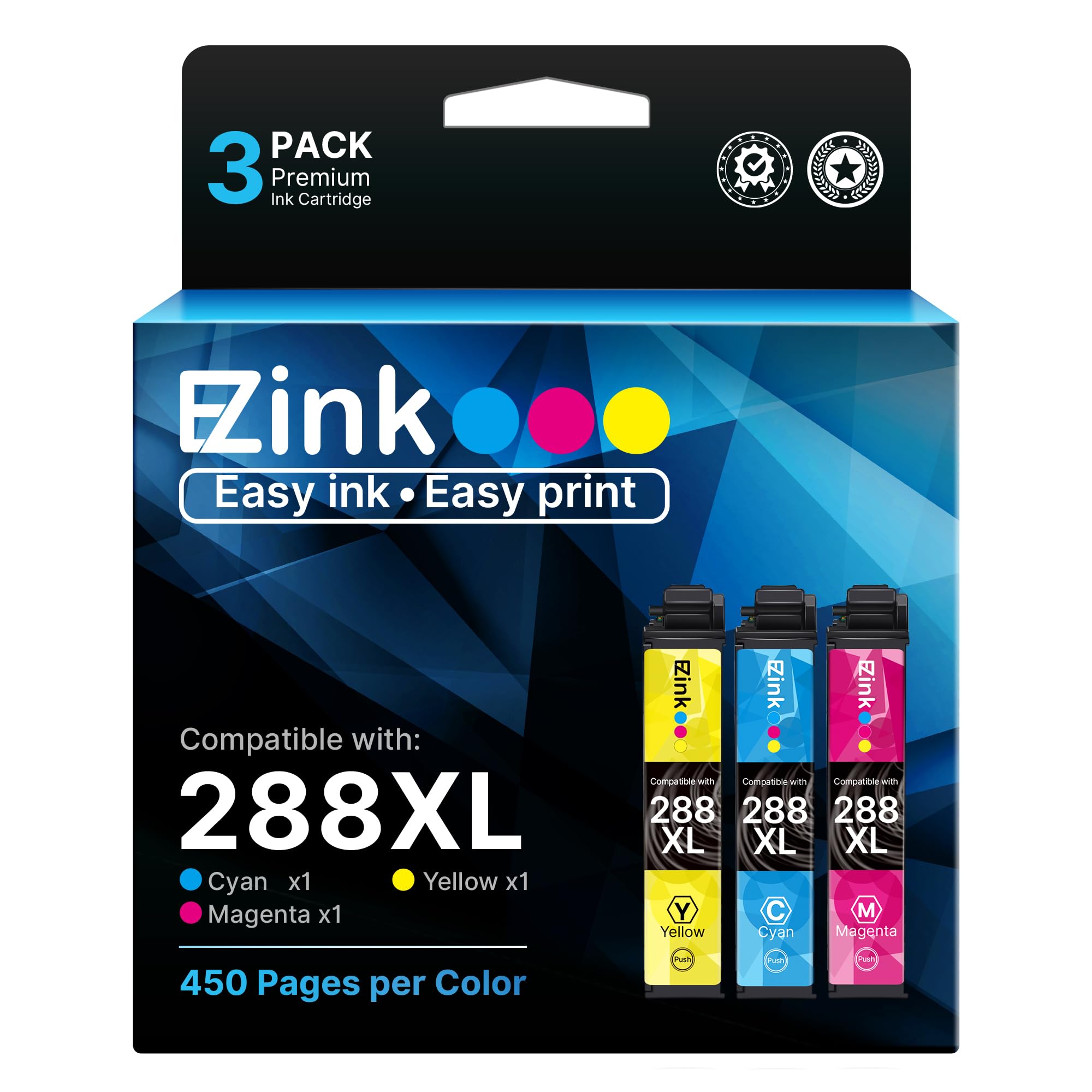 E-Z InkRemanufactured Ink Cartridge Replacement for Epson 288XL 288 XL T288XL High Yield to use with Expression Home XP-330 XP-430 XP-340 XP-440 (1 Cyan, 1 Magenta, 1 Yellow, 3 Pack)