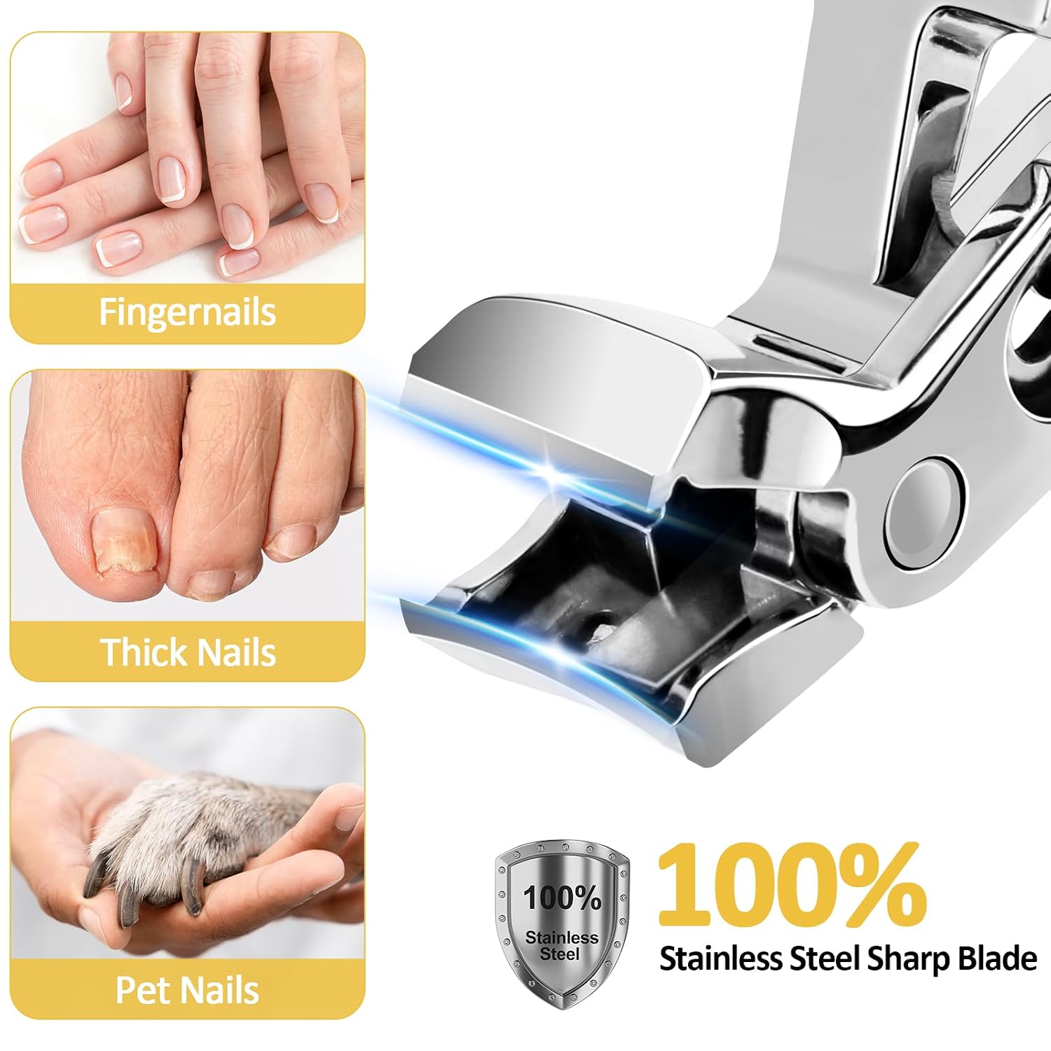 Nail Clippers - Ergonomic Angled Head, Professional Toenail Clippers with Extra Wide Opening, Sharp Nail Clippers for Adults, Heavy Duty Trimmer, Premium Steel Nail Clippers