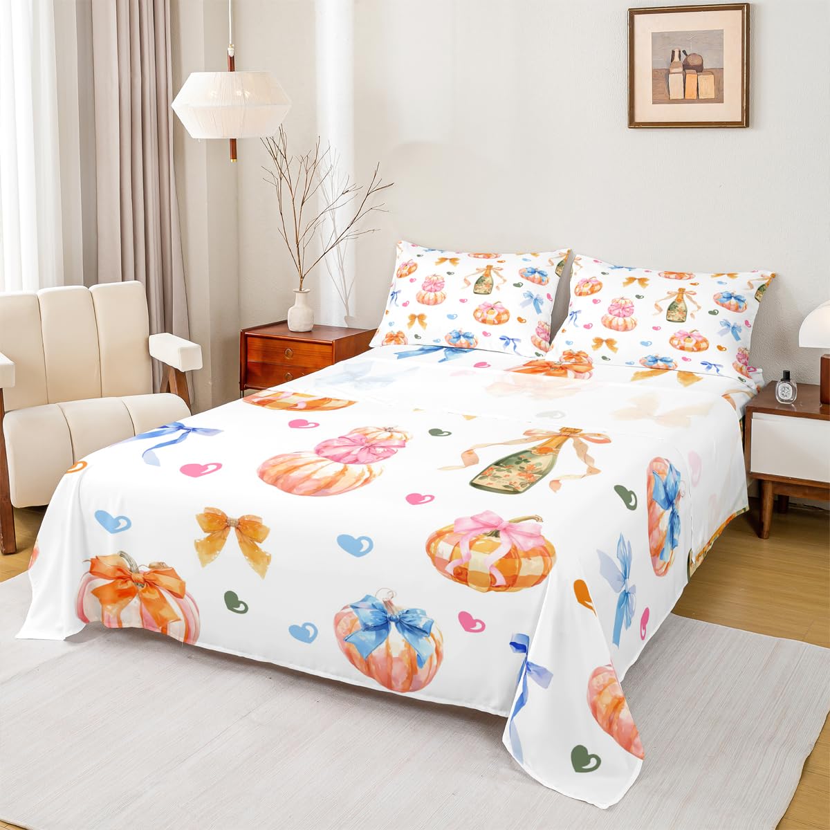Homewish Juego de ropa de cama con diseño de lazo de calabaza, tamaño doble, con lazo, diseño de mariposa, para mujer, 4 piezas