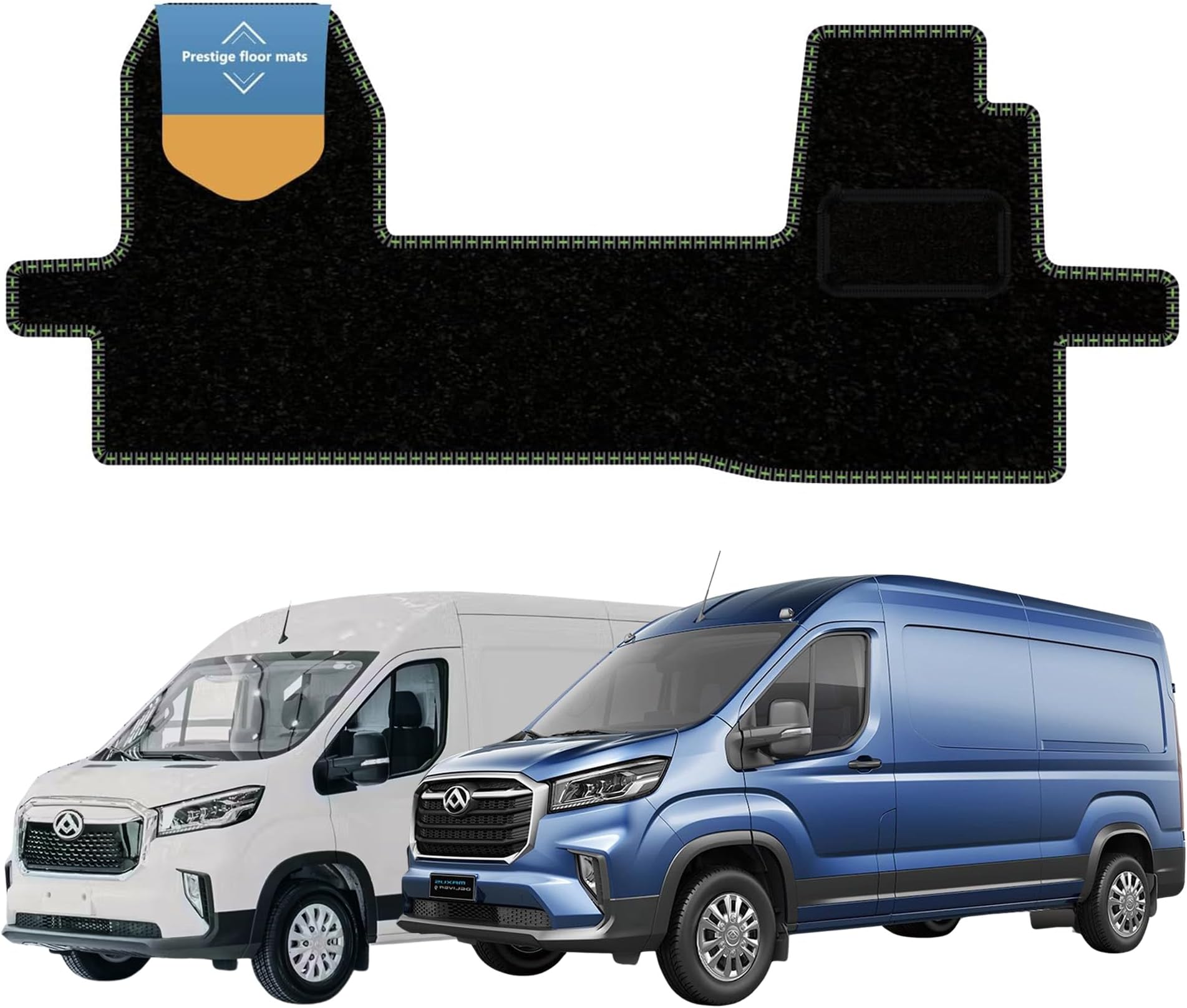 Prestige Mats, Fully Tailored Van Floor Mat Fits MAXUS DELIVER 9 & E-DELIVER 9 2021- Carpet Green Stitch, Anti Slip Mat-Non Slip Car Floor Mat with Black Edging