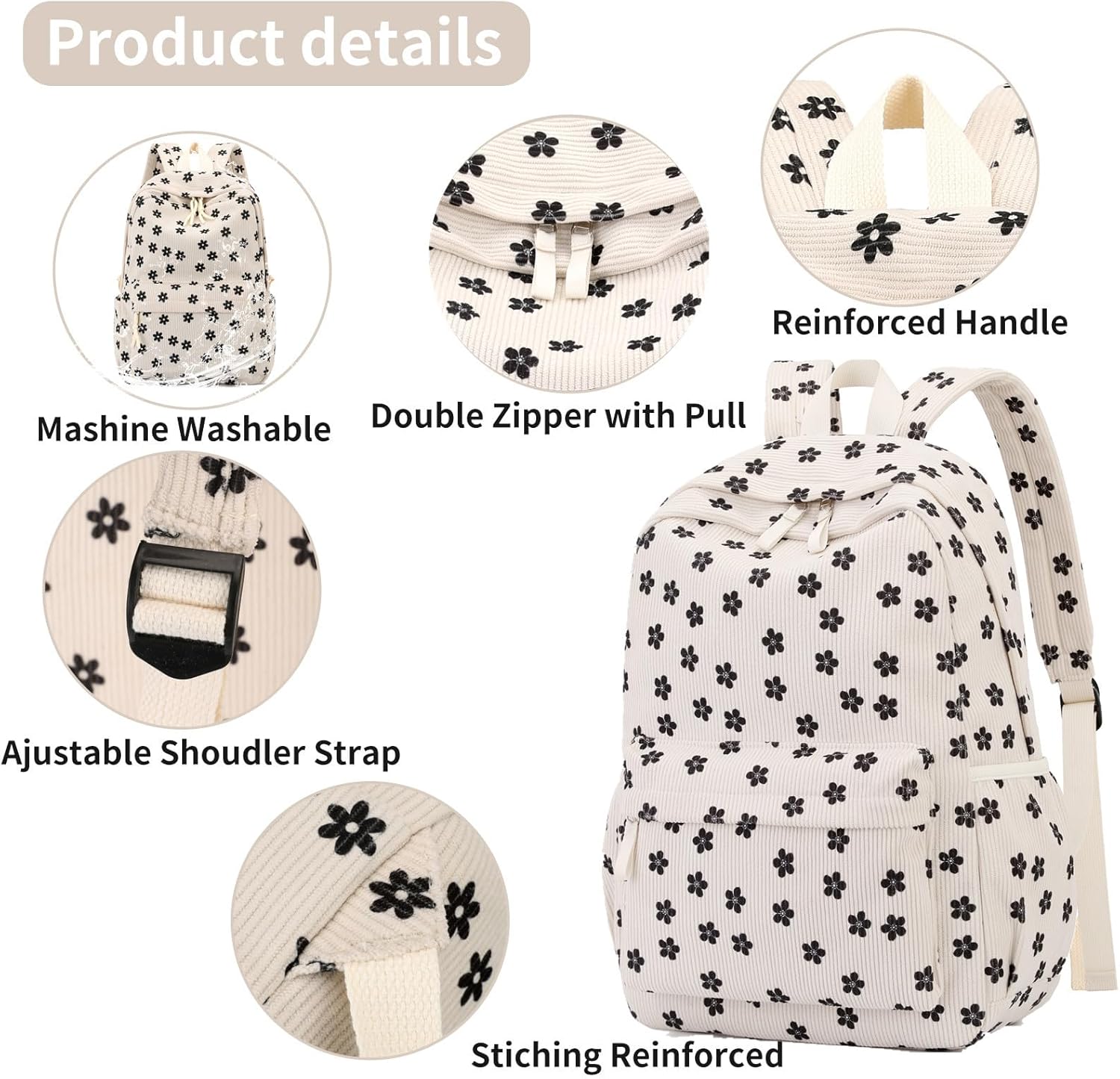 Backpack for Girls Boy Teen Corduroy Bookbags Elementary Middle High School Women Laptop Bag with Lunch Box Pencil Bag (Flower Black) - Image 3