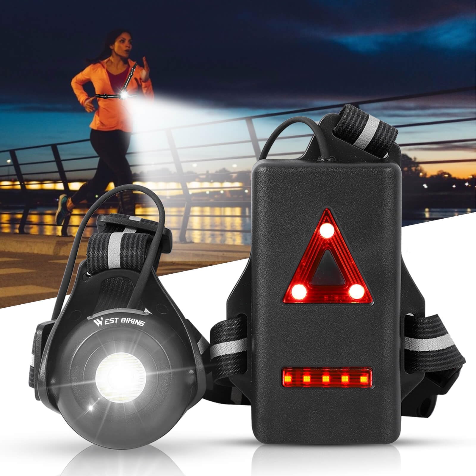 West Biking Running Lights for Runners, USB Rechargeable Chest Light with 90° Adjustable Beam Angle, 500 Lumens Waterproof Safety Warning Lamp with Reflective Straps for Jogger Camping