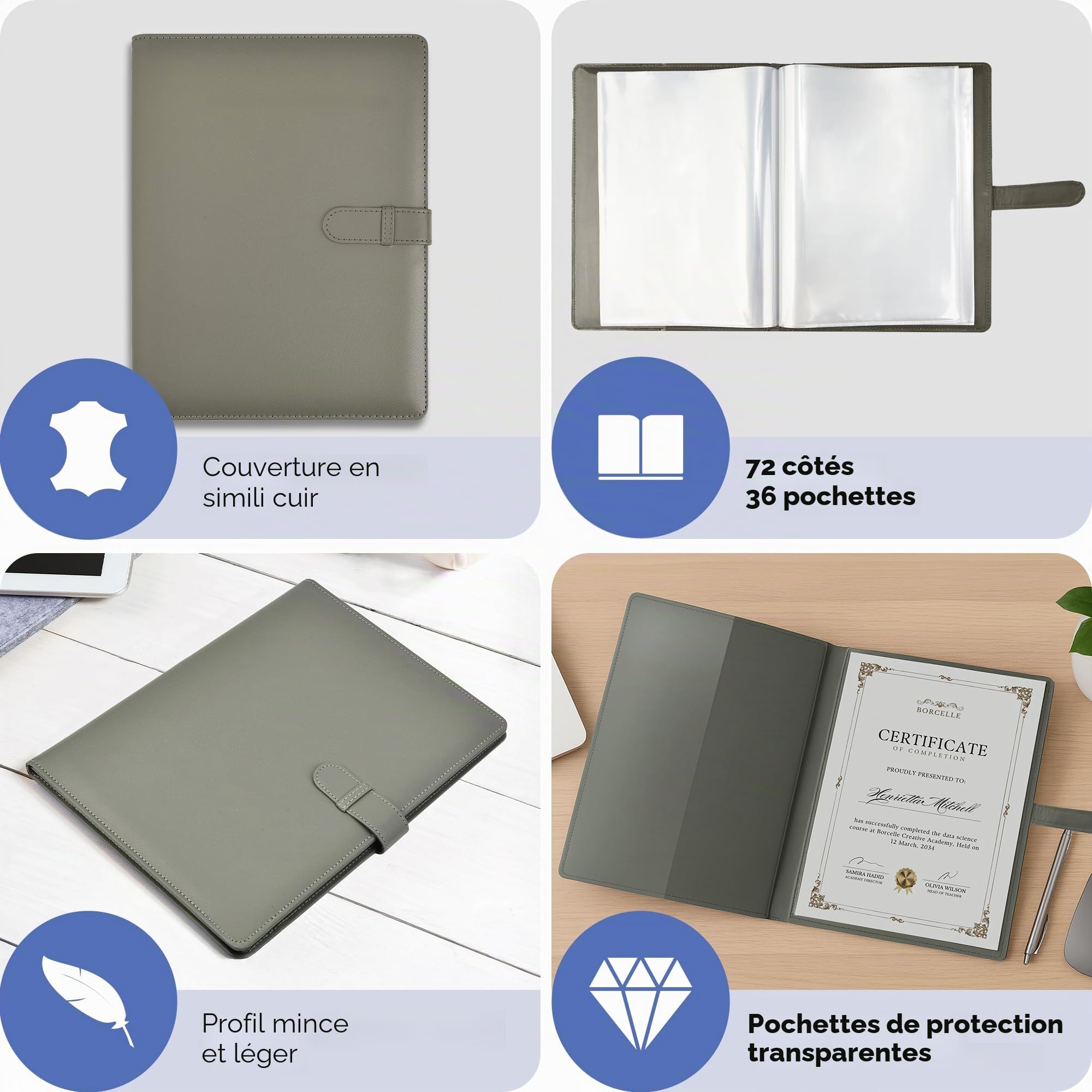 Arpan Porte-documents A4 – Lot de 1 porte-documents professionnel avec 36 pochettes sécurisées chacune, dossier A4 pour documents et présentations – Gris doux au toucher