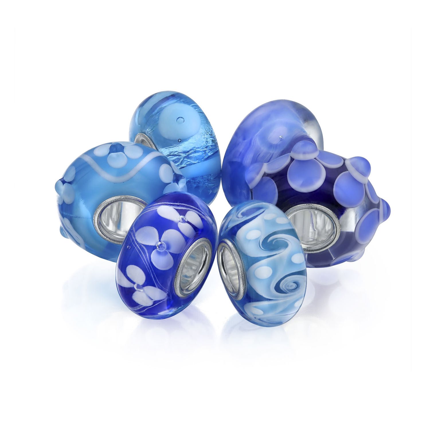 Gemischter Satz Von 6 Bündel .925 Sterlingsilber Kern Durchscheinende Schattierungen Von Blauem Muranoglas Strudel Blume Charm Bead Spacer Passt Europäischen Armband Für Frauen Jugendlich