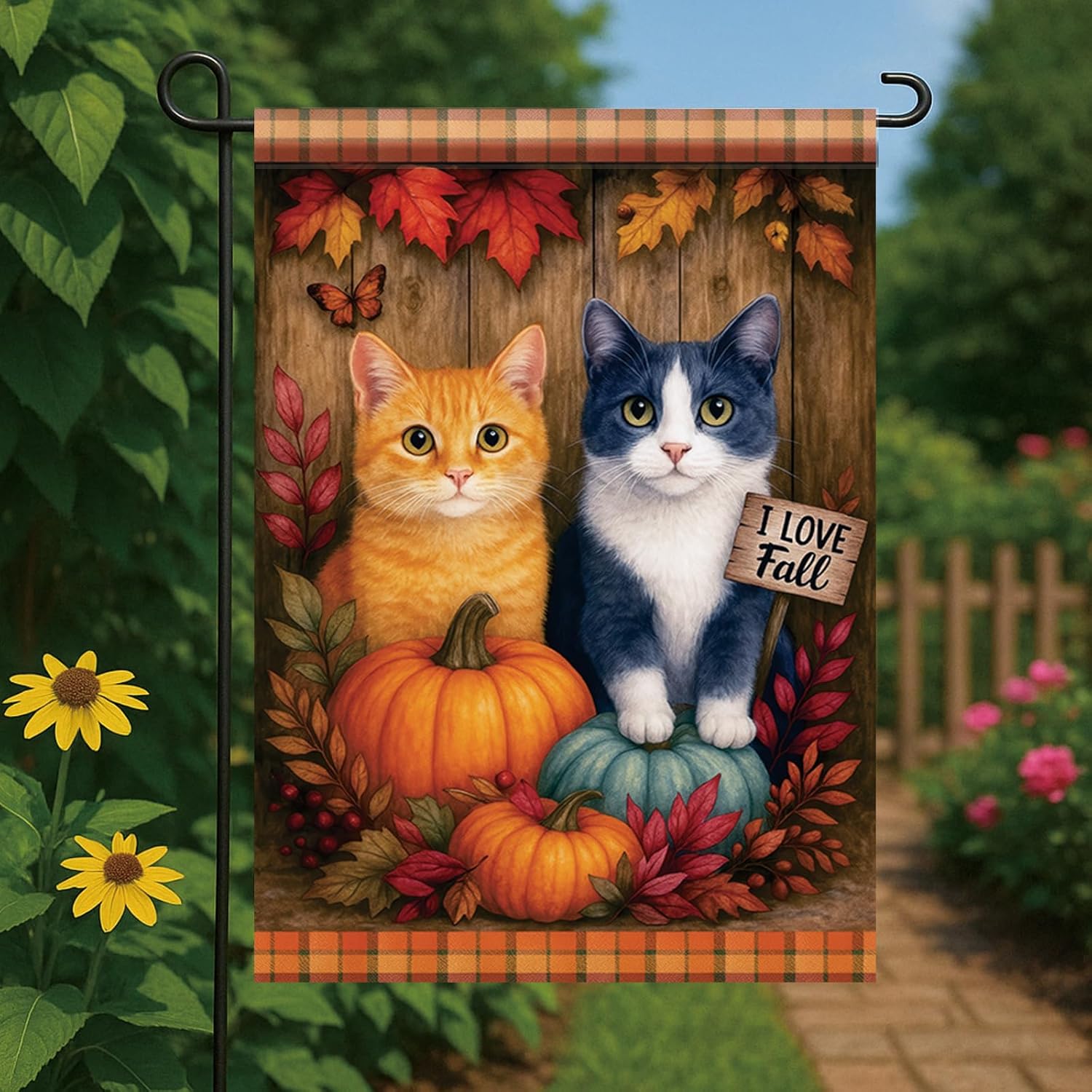 Thanksgiving Fall Garden Flag Orange Tabby and Gray Cat Flag 12x18 Inch Double-Sided Pumpkin Leaf Plaid Yard Banner Autumn Outdoor Decor for Porch Lawn Pathway Cat Lover Gift - Image 6