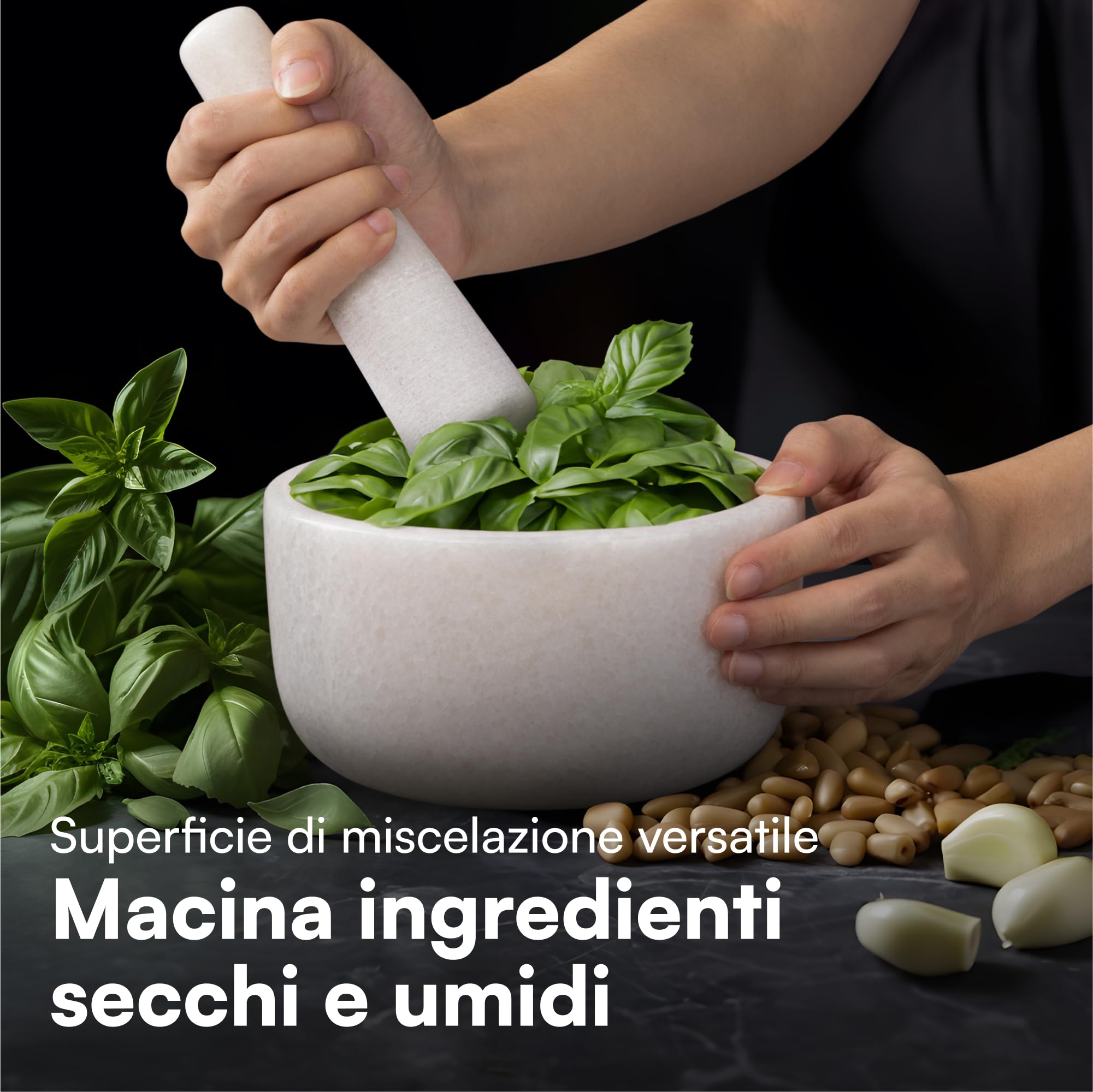 H&S Mortier Pilon Cuisine - Accessoire Cuisine en Marbre de 18 cm de Diamètre pour Broyage des Épices Guacamole Pesto Noix Mojito - Mortier et Pilon Concasseur a Grain Blanc