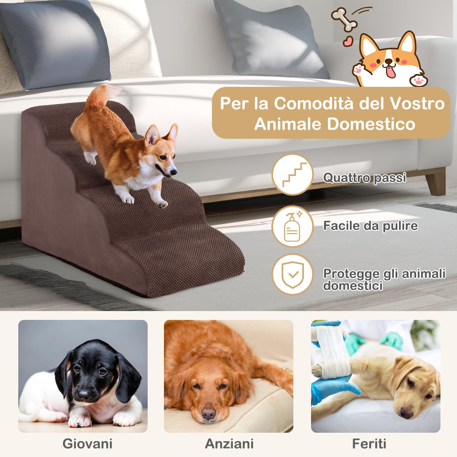 GYMAX Scaletta per Cani in Spugna, Fondo Antiscivolo, Rivestimento Rimovibile e Lavabile, Scala per Animali Domestici per Divano e Letto (4 Gradini - Caffè)
