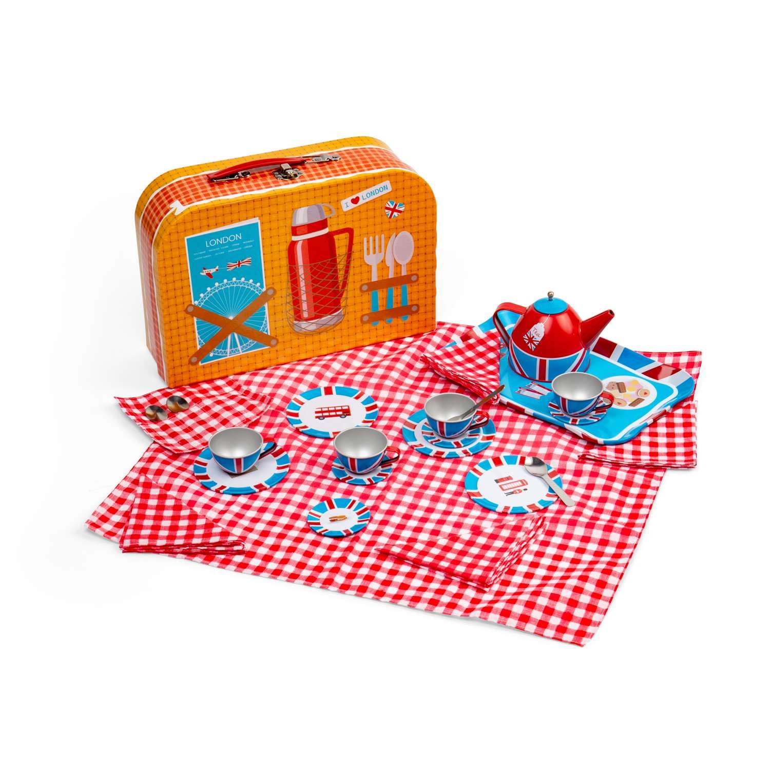 Bigjigs Toys London Tin Tea Set - 24 Piece Child’s Teaset, Kids Picnic Sets, Toddlers Role Play Toy, Gifts For Children, Age 3 + Years