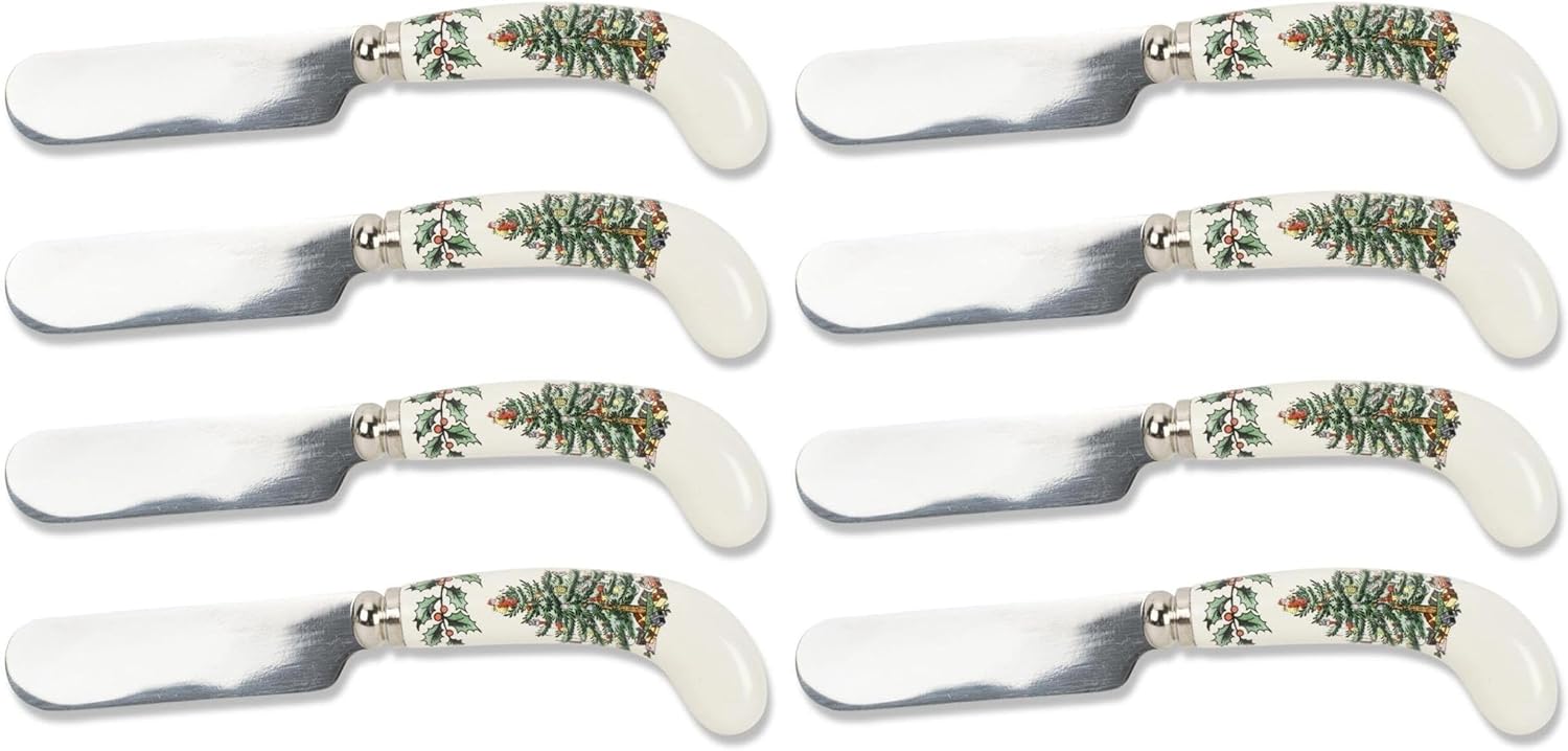 Spode Christmas Tree Cheese Spreaders (Set of 4) - 4.75" Stainless Steel Butter Knife with Porcelain Handle for Jam, Pastry, Butter Knife - Holiday Silverware & Festive Kitchen Cutlery (Pack of 2)