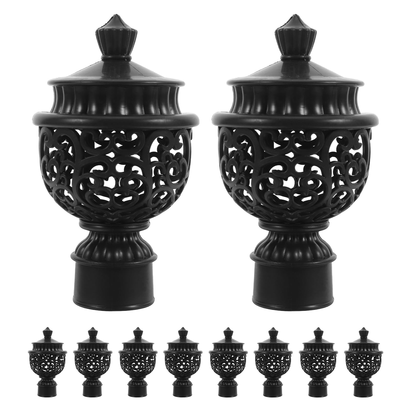 LUOZZY 12 Pcs Decorative Curtain Rod Finials Hollow Black Plastic Replacement End Caps for Roman Drapery Poles Window Treatments Home Decor