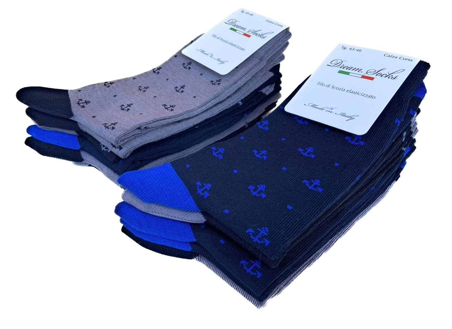 DREAM SOCKS 6 pares de calcetines cortos de hombre a media pantorrilla en hilo de Escocia elástico, calcetines muy ligeros fabricados en Italia, cosidos a mano