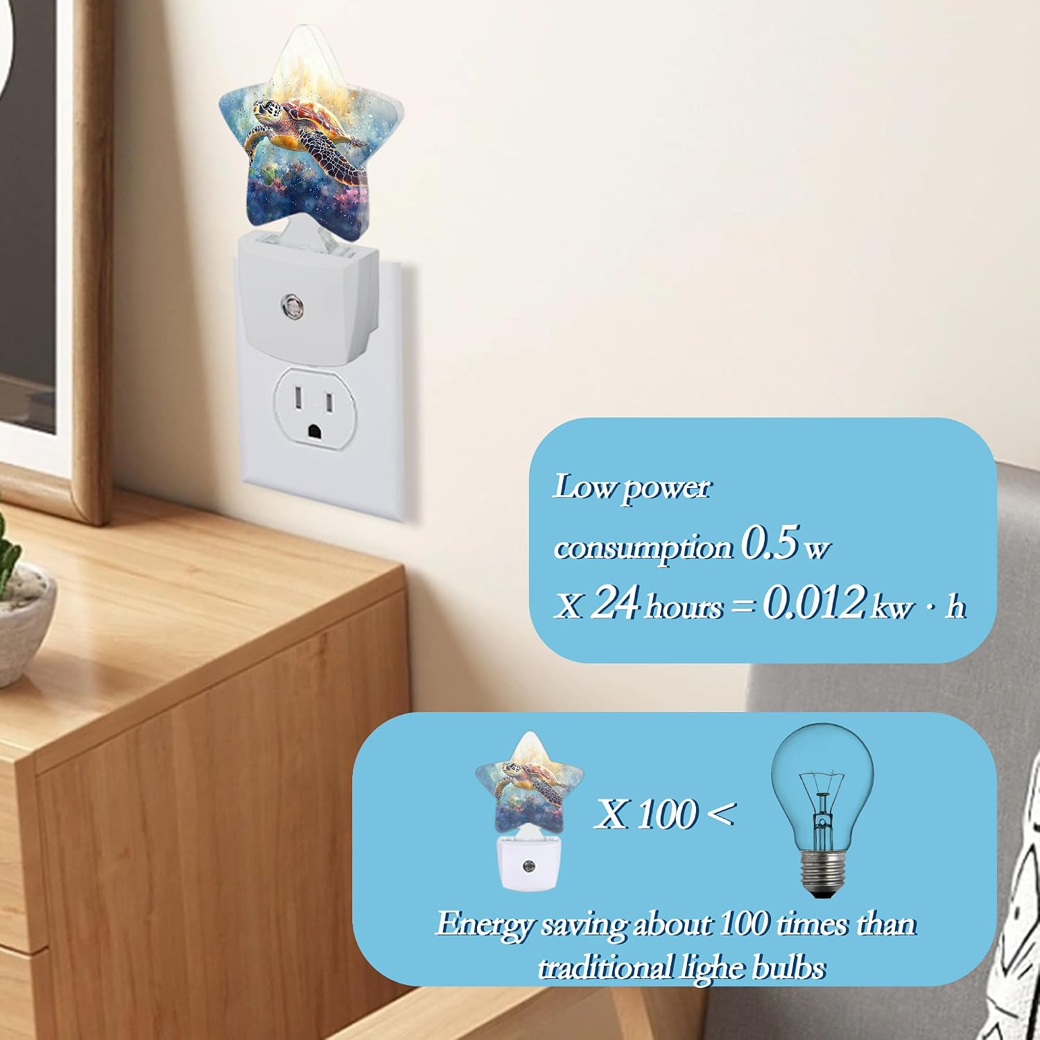 Sea Turtle Watercolor Night Light,Plug-in Wall Led Night Lights Decor for Boys Girls Room,Dusk to Dawn Sensor Wall Lamp for Bedroom/Bathroom/Hallway,0.5w image 4