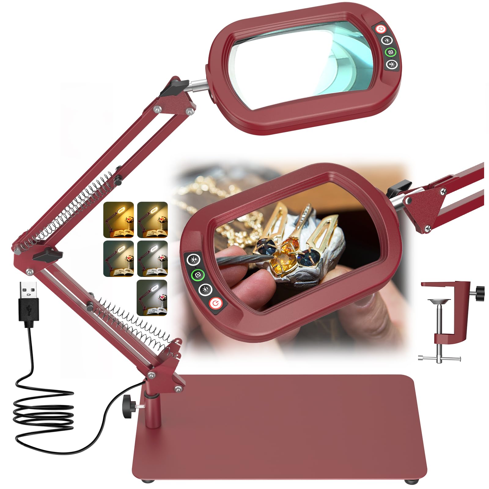 Veemagni 10X Rectangle Lupe mit Licht und Ständer, 5 Farbmodi stufenlos dimmbar, 2-in-1 LED beleuchtete Schreibtischlampe & Klemme, Hände frei Leselupe für das Lesen Handwerk Reparatur Malerei- Rot