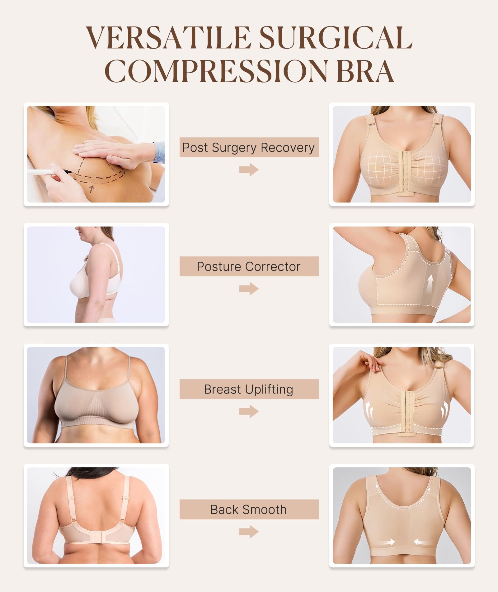Junlan Postoperativer Kompressions-BH mit Vorderverschluss –Damen Postoperativer Sport BH Ohne Bügel Racerback Bequemer Bustier Nach Brust Op Verstellbarer Stütz- für die Erholungsphase