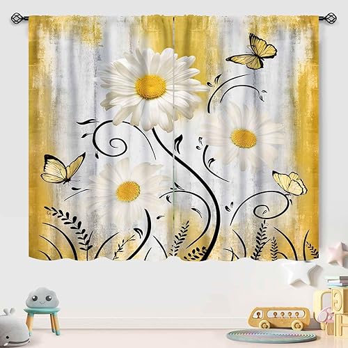 Miniatura 4 de Cortinas rústicas de cocina con margaritas, flores amarillas, margaritas, madera, naturaleza, granja, retro, sala de estar, dormitorio, cortinas de