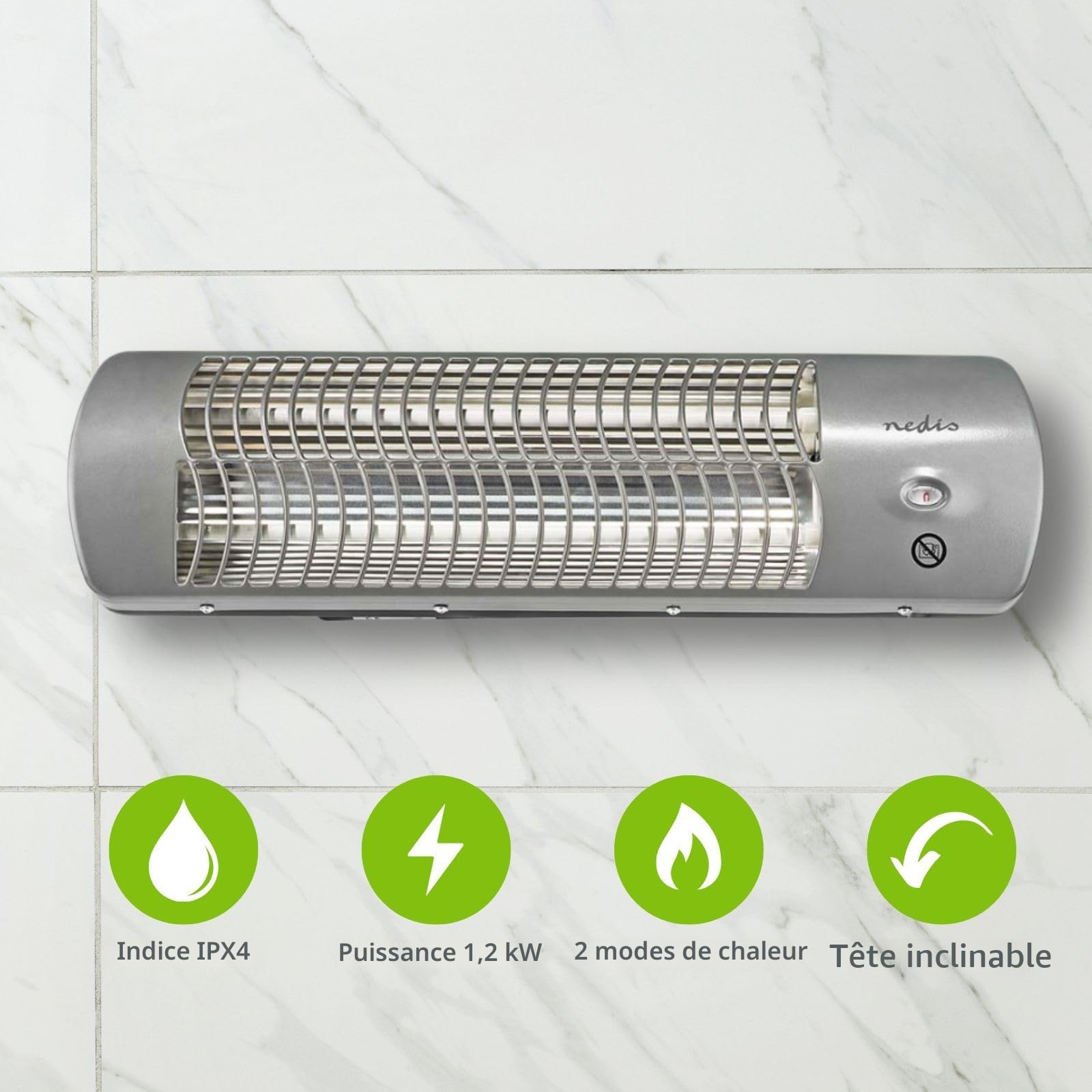 Nedis HTBA10GY Chauffage de salle de bain | 1200 W | Thermostat réglable | 2 modes de chaleur | X4 | Gris