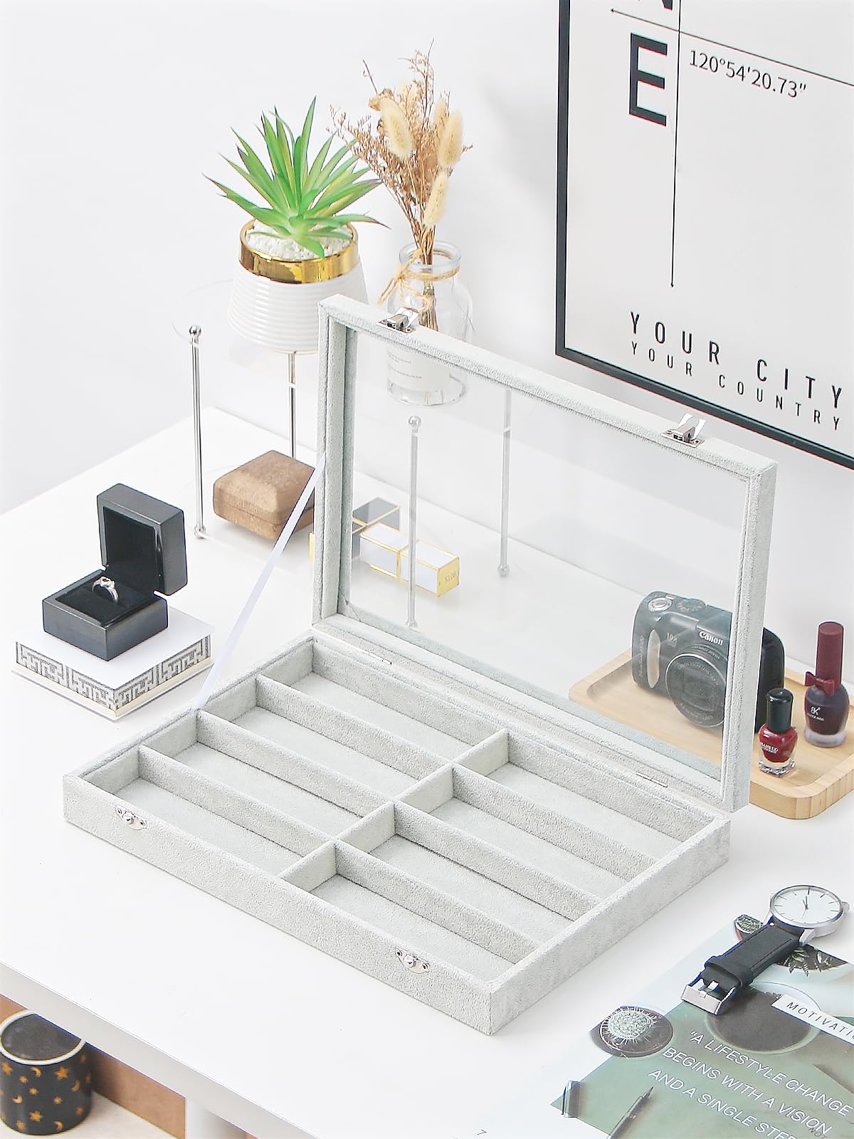 Bandeja organizadora de gafas de sol para joyas, caja de terciopelo gris para gafas, organizador de gafas para escritorio en casa o exhibición de espectáculos de ventas (con tapa)