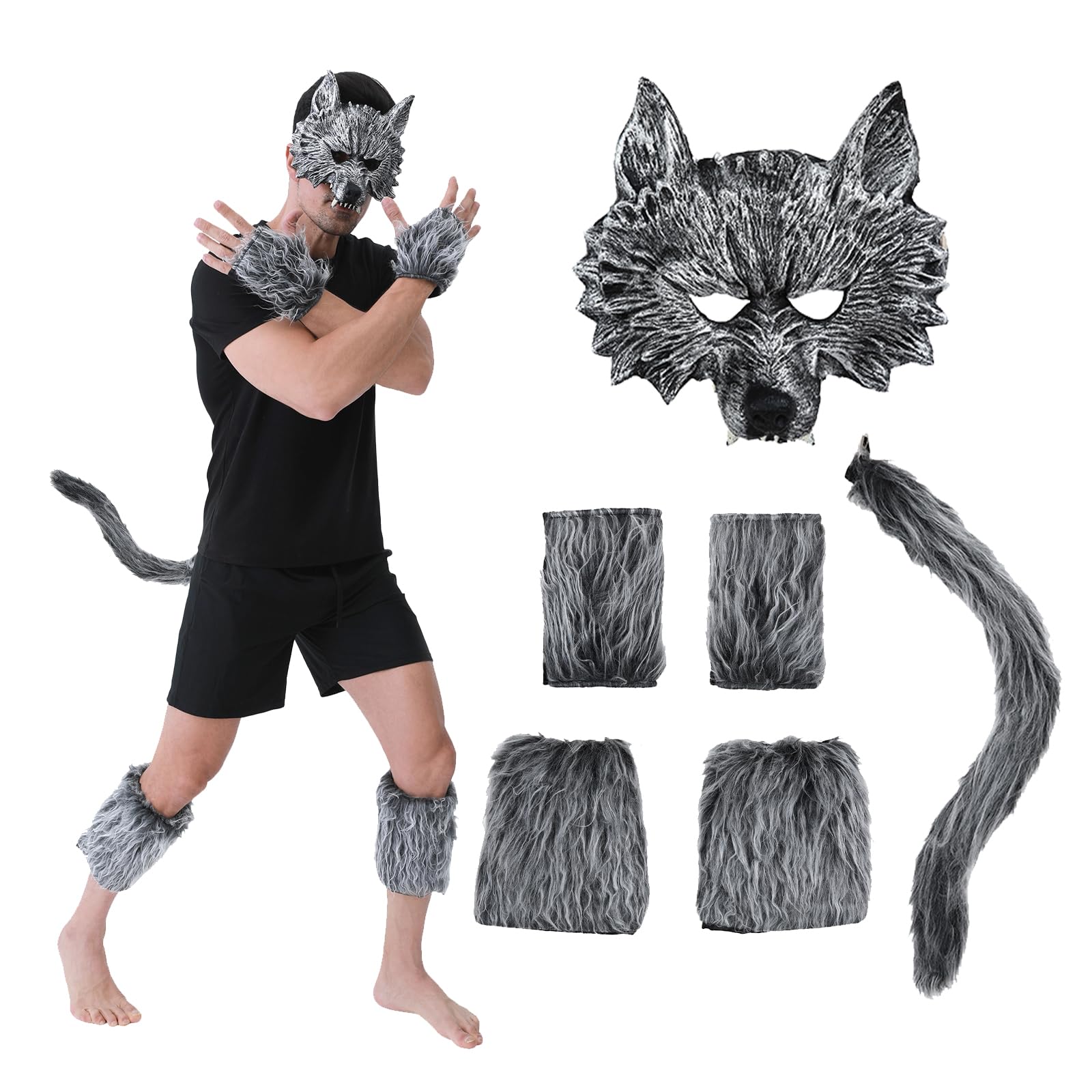 Dozesheep 6Pcs Werewolf Mask Costume for Men Wolf Costume Set for Adults Halloween Animal Cosplay Party Animal Masquerade Mask Gloves and Furry Tail for Women