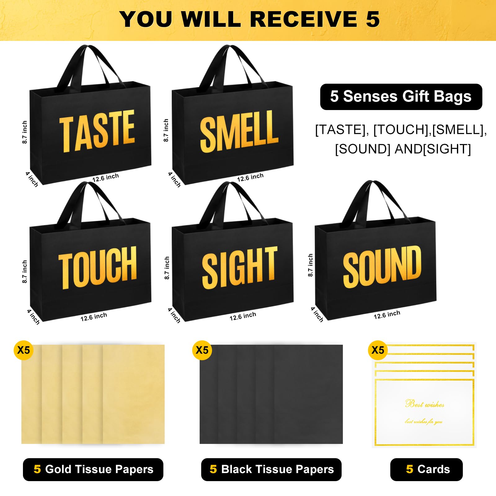 EIiovcnya 5 Senses Gift Bags for Him Her with Labels,Sight Smell Touch Taste Sound Gift Bags with Ribbon Handle,Tissue Paper,Greeting Card for Birthday,Wedding,Christmas,Valentine's Day (Black, 12.6 x 8.7 x 4 Inch)