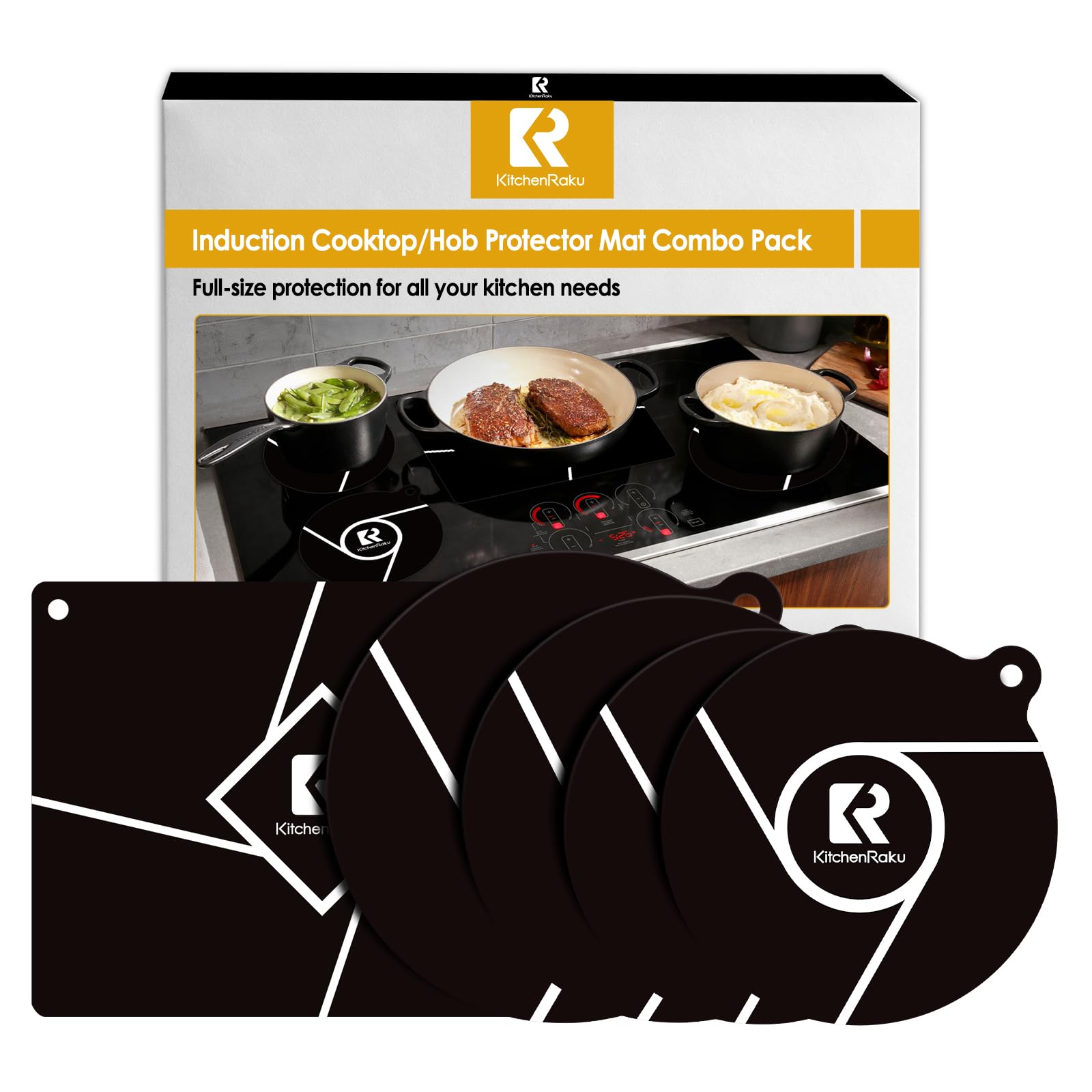 Tapis à induction - Tapis de protection pour induction - Plaque de recouvrement - Résistante à la chaleur jusqu'à 230 °C - Noir - 2 x 20 cm + 1 x 24 cm + 28 cm + 1 x 26 x 35 cm
