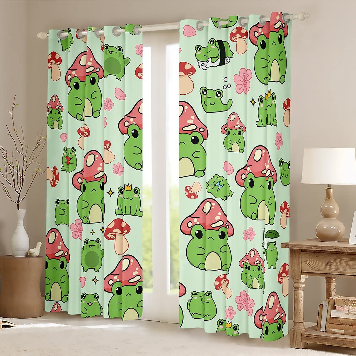 Homewish Mushroom Frog Window Curtain Cute Mushroom Curtains for Kids Girls Boys Bedroom Decor Cartoon Animals Plants Window Treatment Curtain Pink Green Window Drapes,Top 2 Panel,42Wx63L