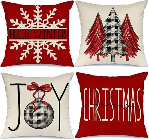 Miniatura 6 de Juego de 4 fundas de almohada de Navidad de 18 x 18 pulgadas para decoraciones de Navidad, diseño de búfalo a cuadros, árbol de Navidad, alegría,