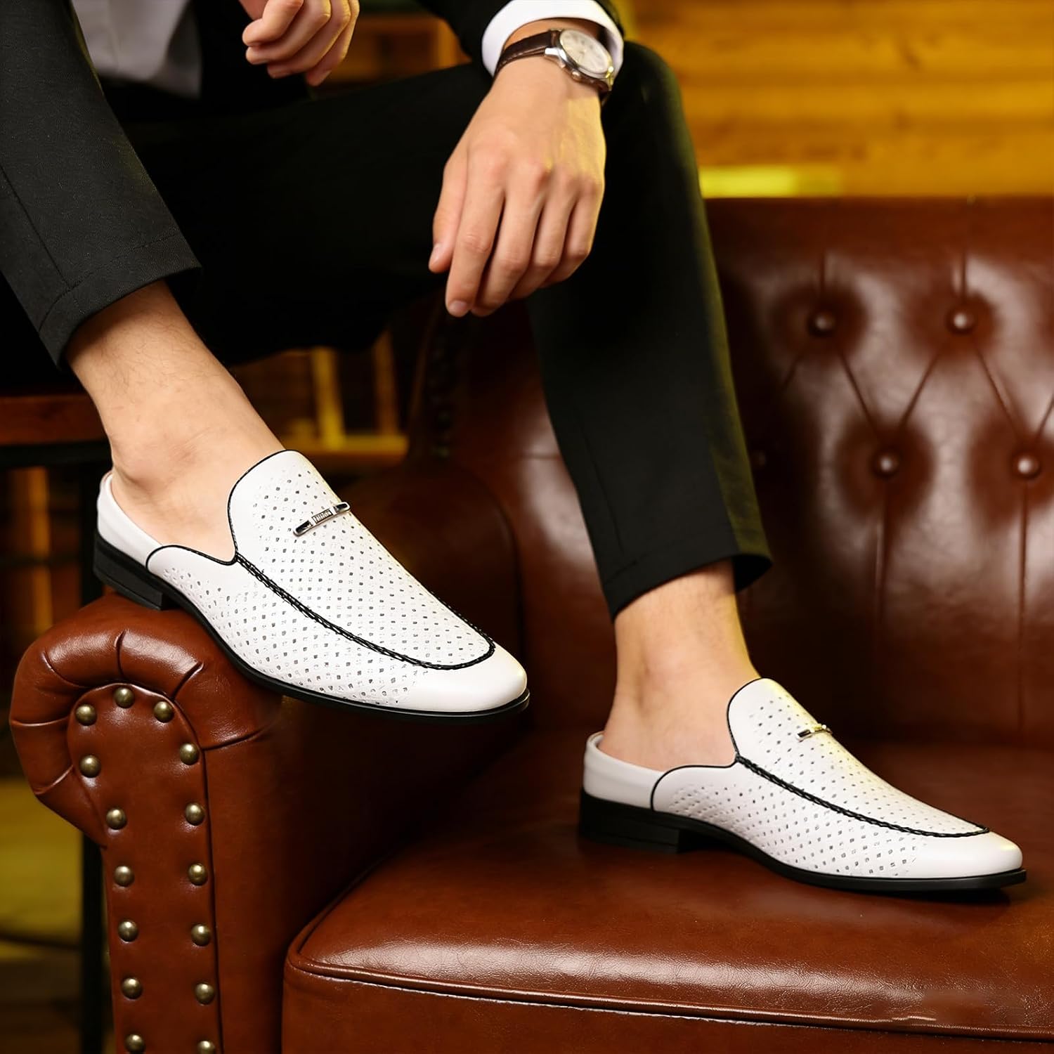 Men's Hollow Leather Mules Clogs Comfortable Non-Slip Pointed Toe Low Heel Slippers with Metal Buckle Backless Slip-On Dress Shoes for Casual Home & Outdoor