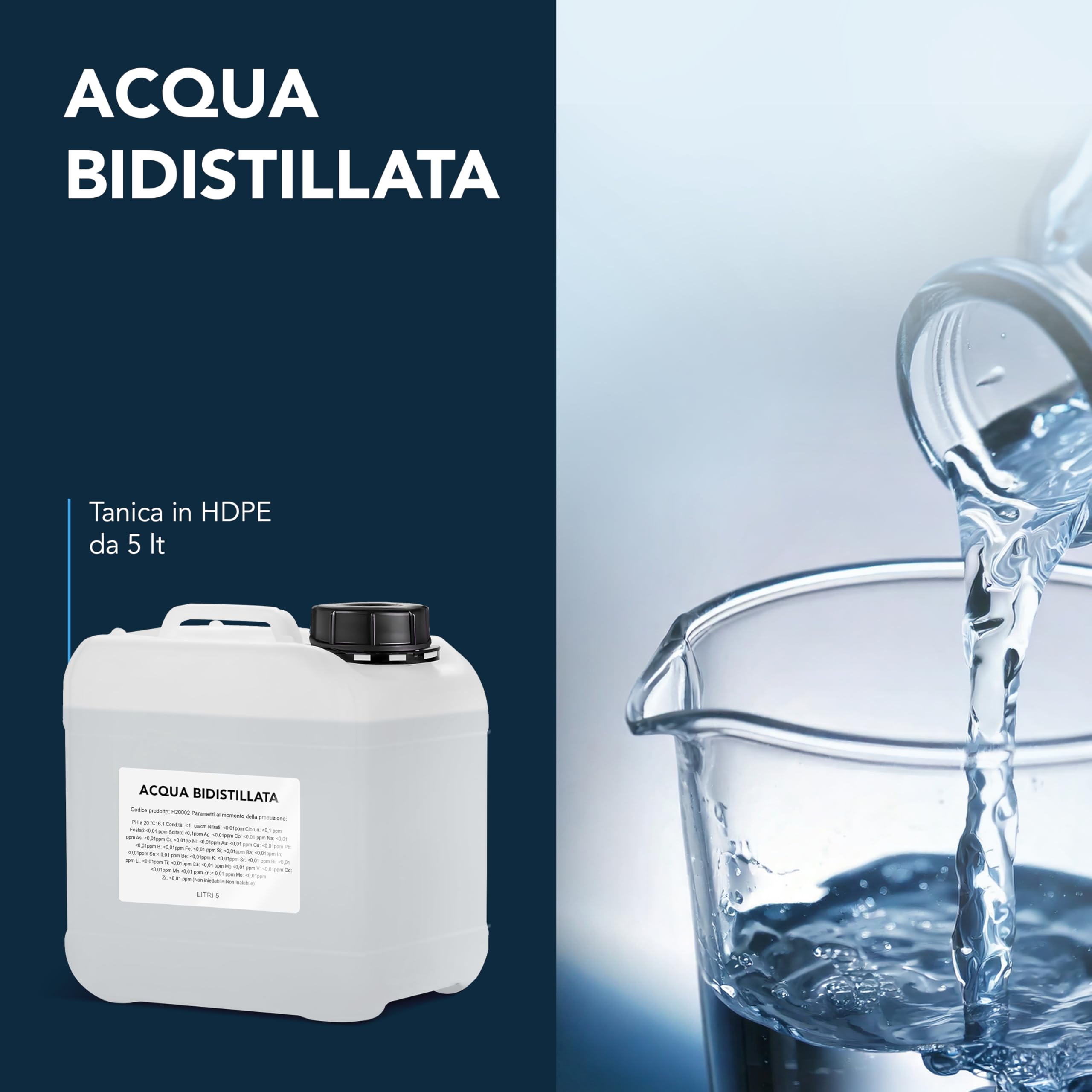 Acqua Bidistillata pura per uso clinico ed industriale 4x5 litri, Distillata due volte, Demineralizzata, Made in Italy